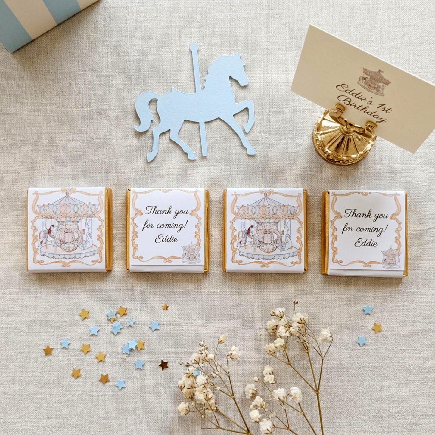 Personalised Blue French Carousel Chocolate Favours – Boys Birthday Party Bag Fillers