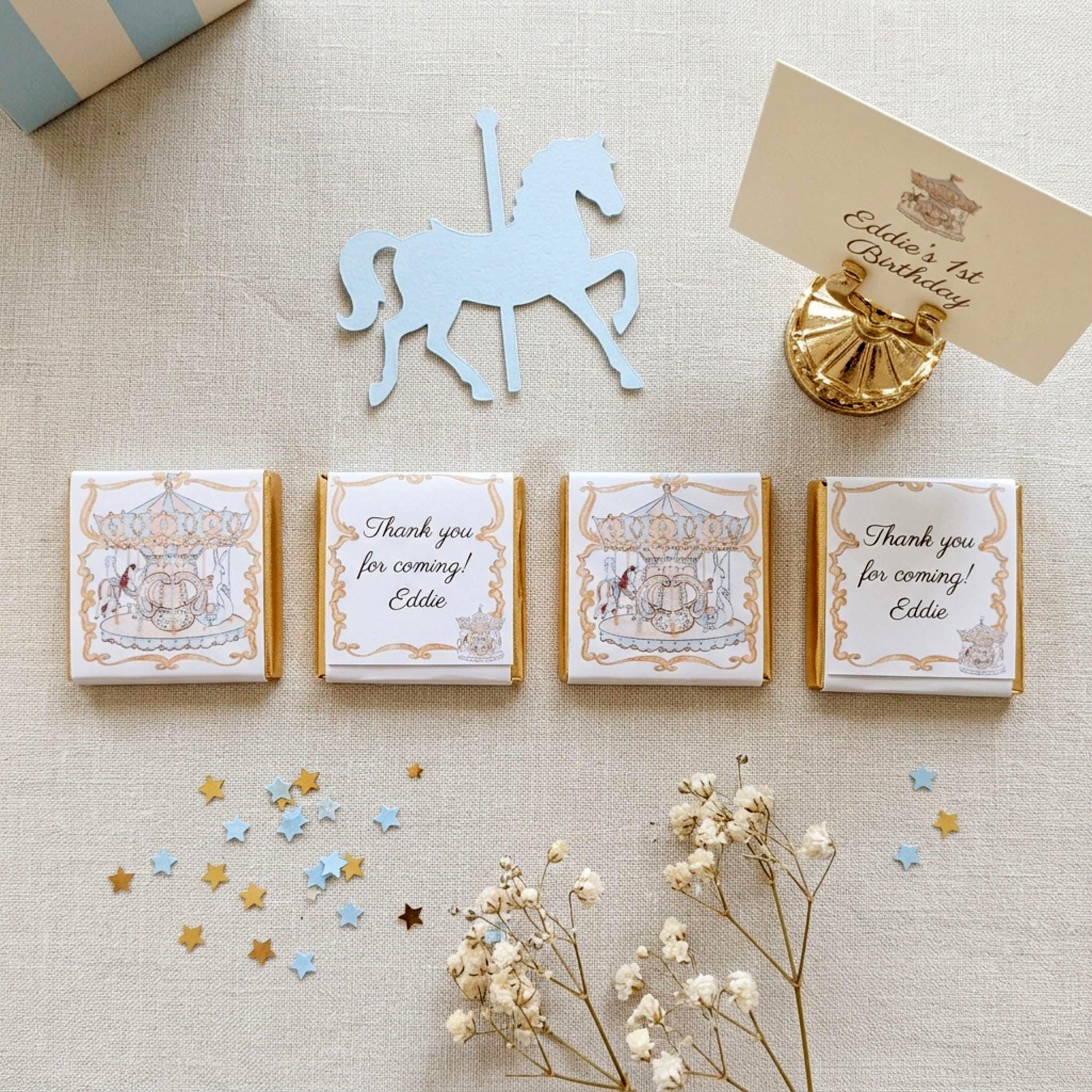 Personalised Blue French Carousel Chocolate Favours – Boys Birthday Party Bag Fillers