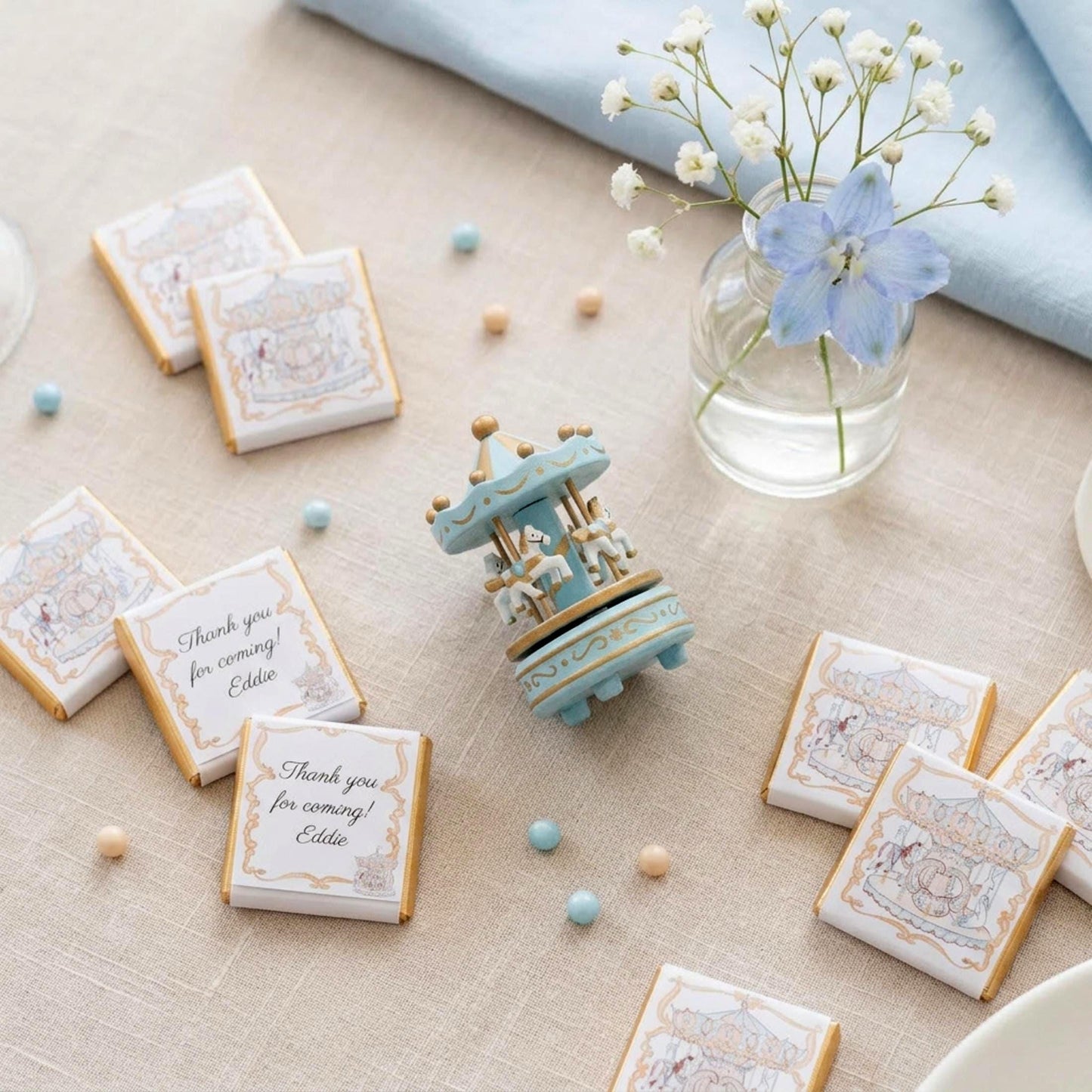 Personalised Blue French Carousel Chocolate Favours – Boys Birthday Party Bag Fillers