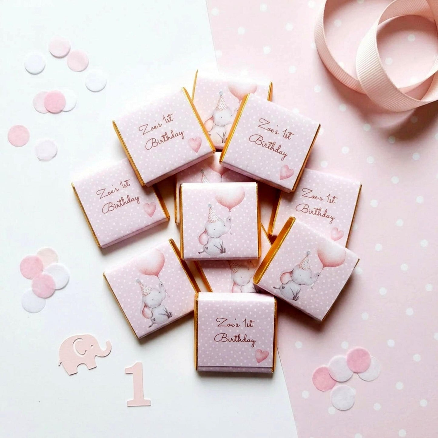 Personalised Girl 1st Birthday Party Favours – Baby Elephant
