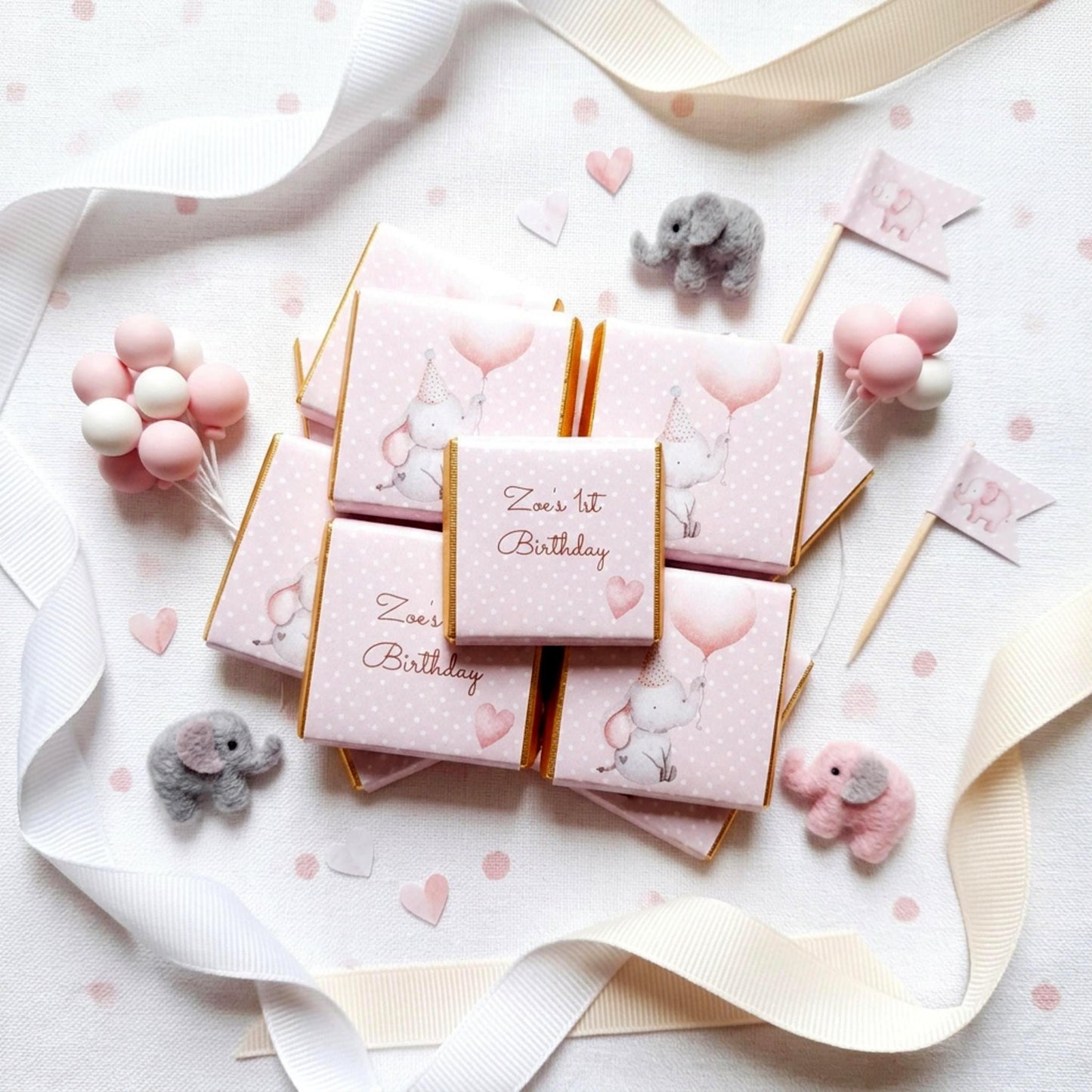 Personalised Girl 1st Birthday Party Favours – Baby Elephant