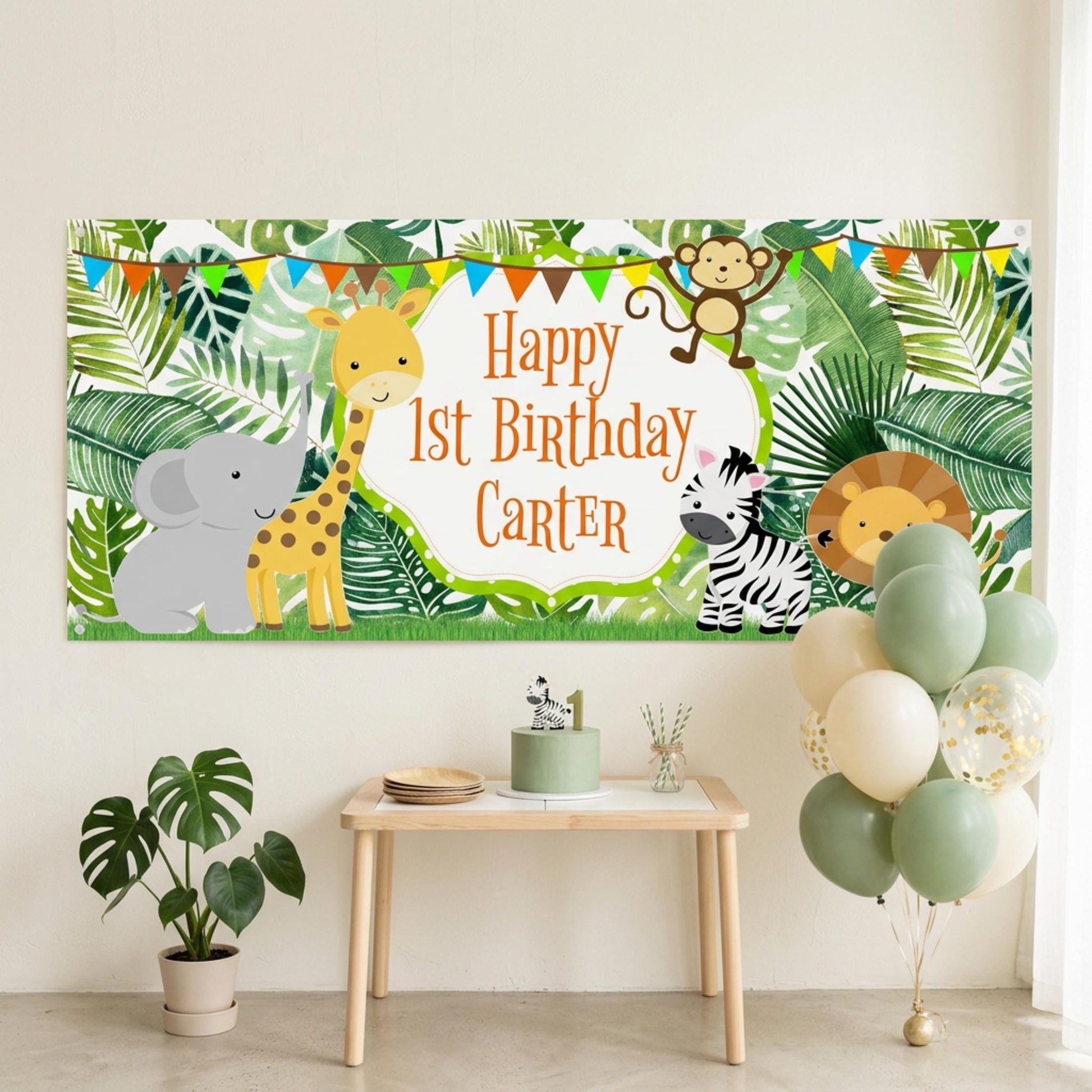 Personalised Jungle Safari Birthday Banner, Custom Wild One Party Backdrop. 1st Birthday Sign