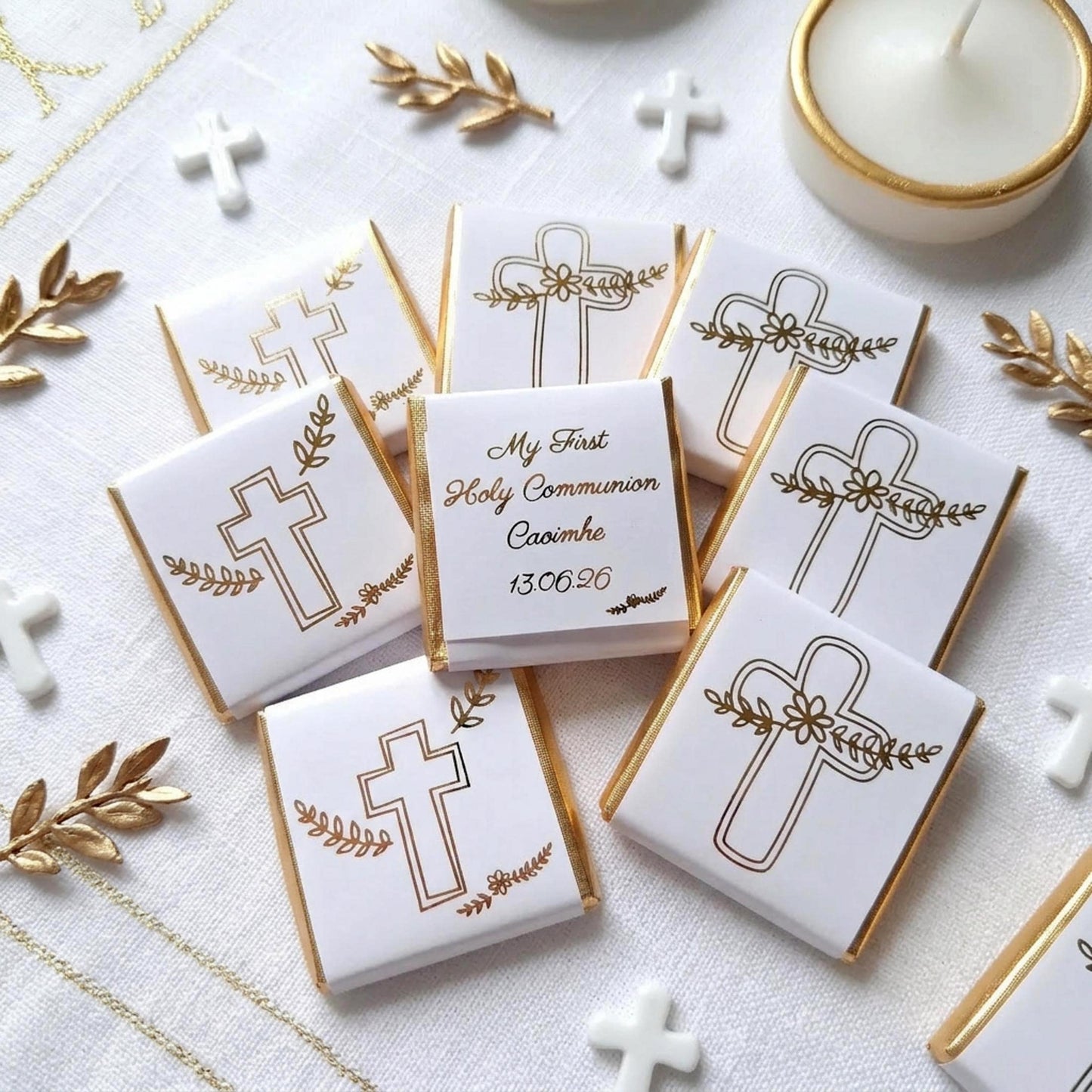 Personalised First Holy Communion Chocolates – Gold Foiled Cross Favours for Boys and Girls