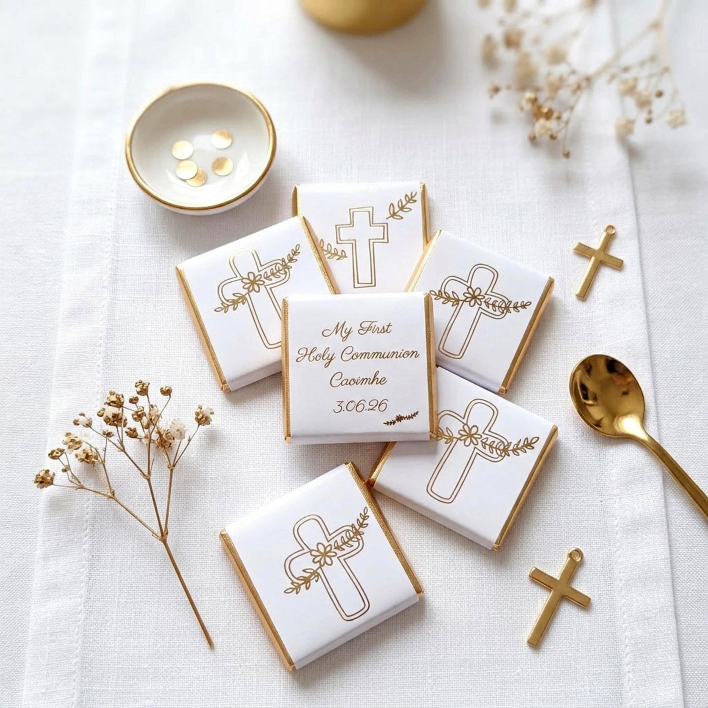 Personalised First Holy Communion Chocolates – Gold Foiled Cross Favours for Boys and Girls