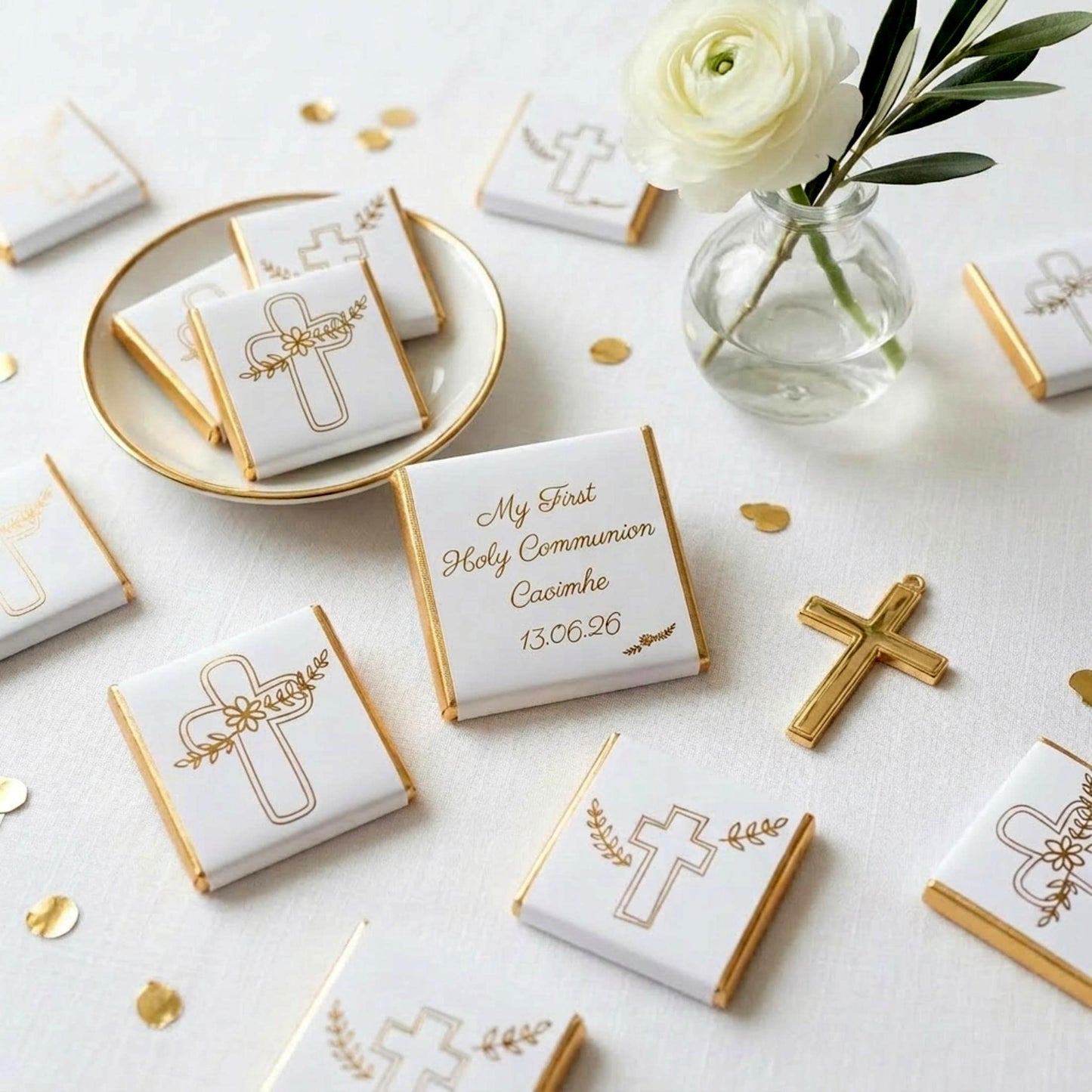 Personalised First Holy Communion Chocolates – Gold Foiled Cross Favours for Boys and Girls