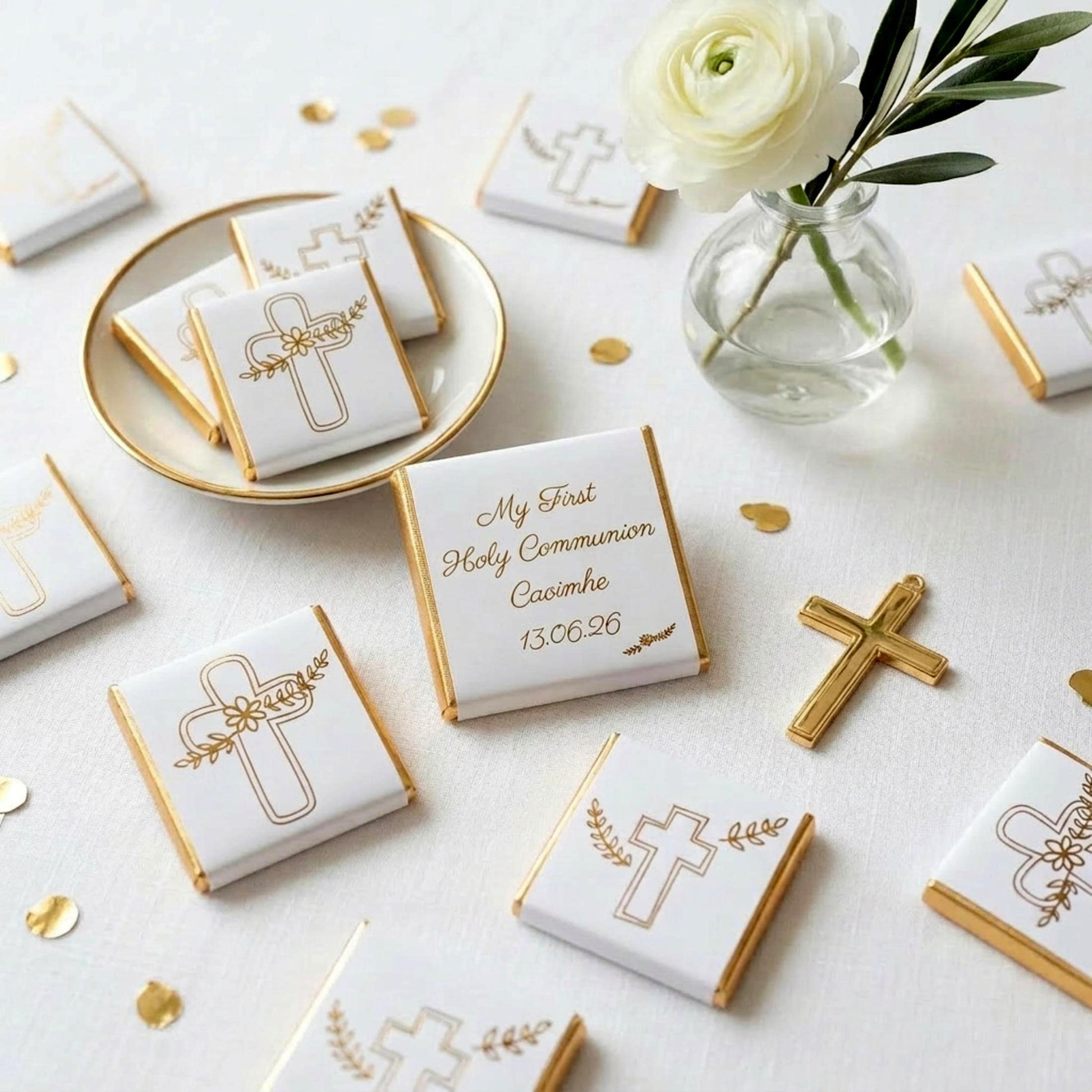 Personalised First Holy Communion Chocolates – Gold Foiled Cross Favours for Boys and Girls