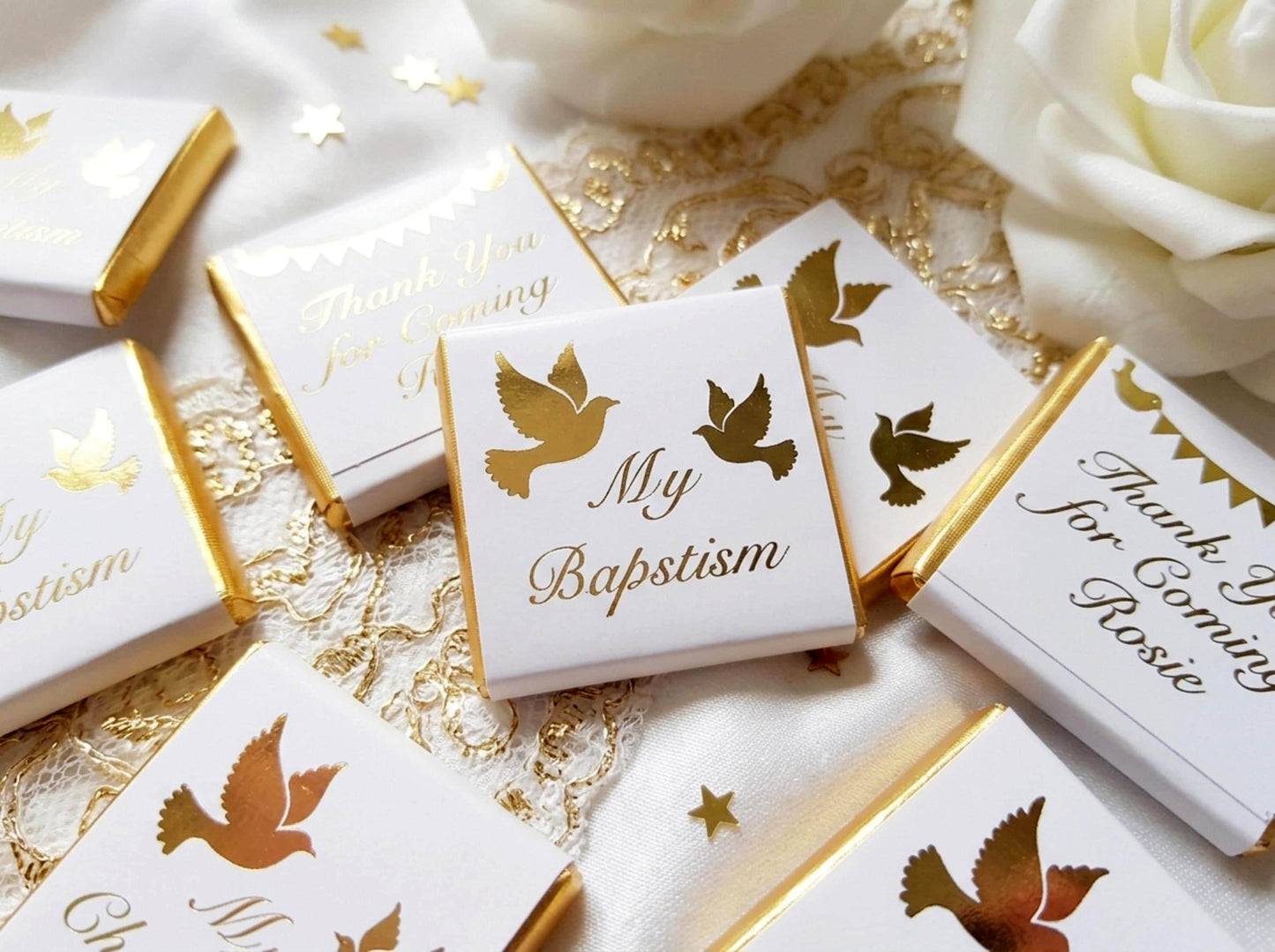 Personalised Christening Favours - Gold Foiled Dove Baptism Treats - Naming Day Party Bag Fillers