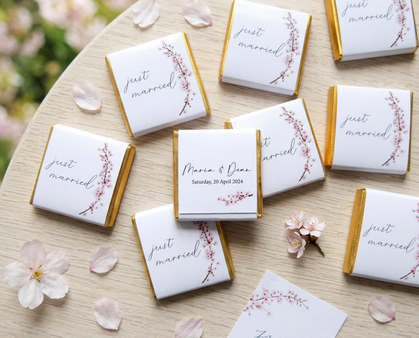 Personalised Cherry Blossom Wedding Favours - Just Married Chocolate Treats - Spring Wedding Table Decor