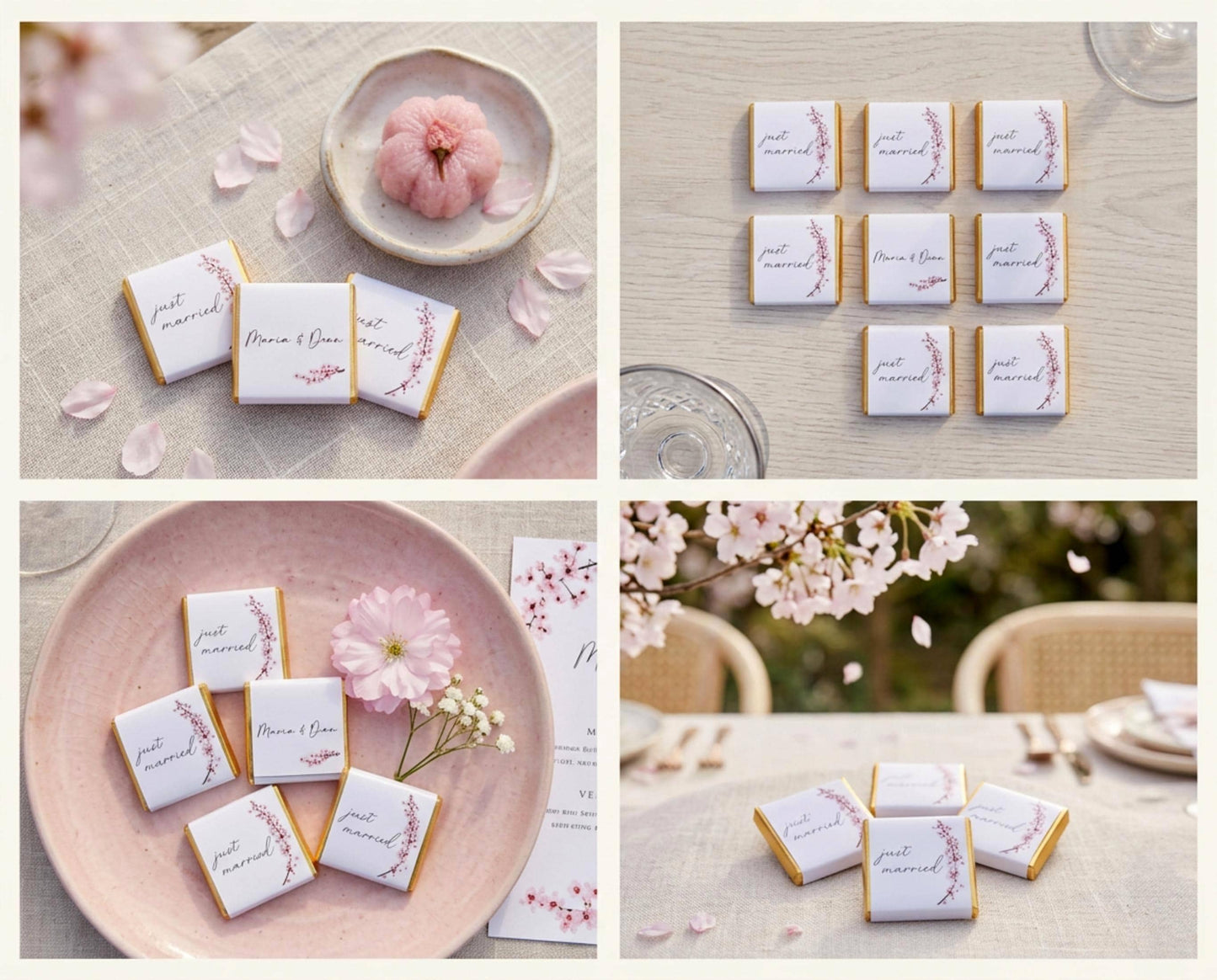 Personalised Cherry Blossom Wedding Favours - Just Married Chocolate Treats - Spring Wedding Table Decor