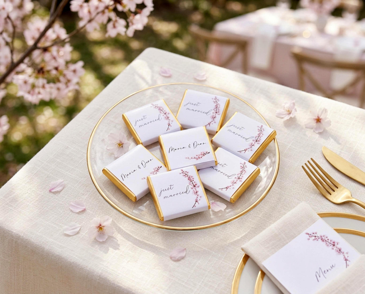 Personalised Cherry Blossom Wedding Favours - Just Married Chocolate Treats - Spring Wedding Table Decor