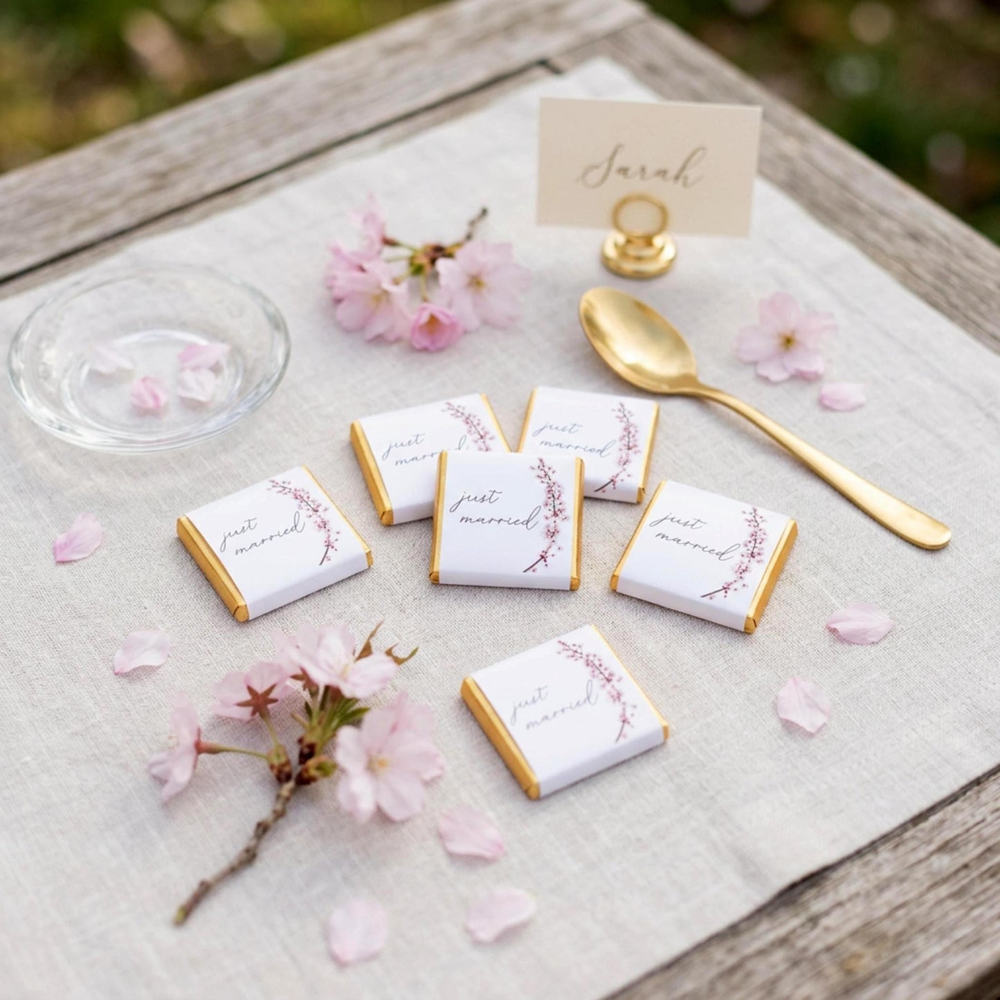 Personalised Cherry Blossom Wedding Favours - Just Married Chocolate Treats - Spring Wedding Table Decor