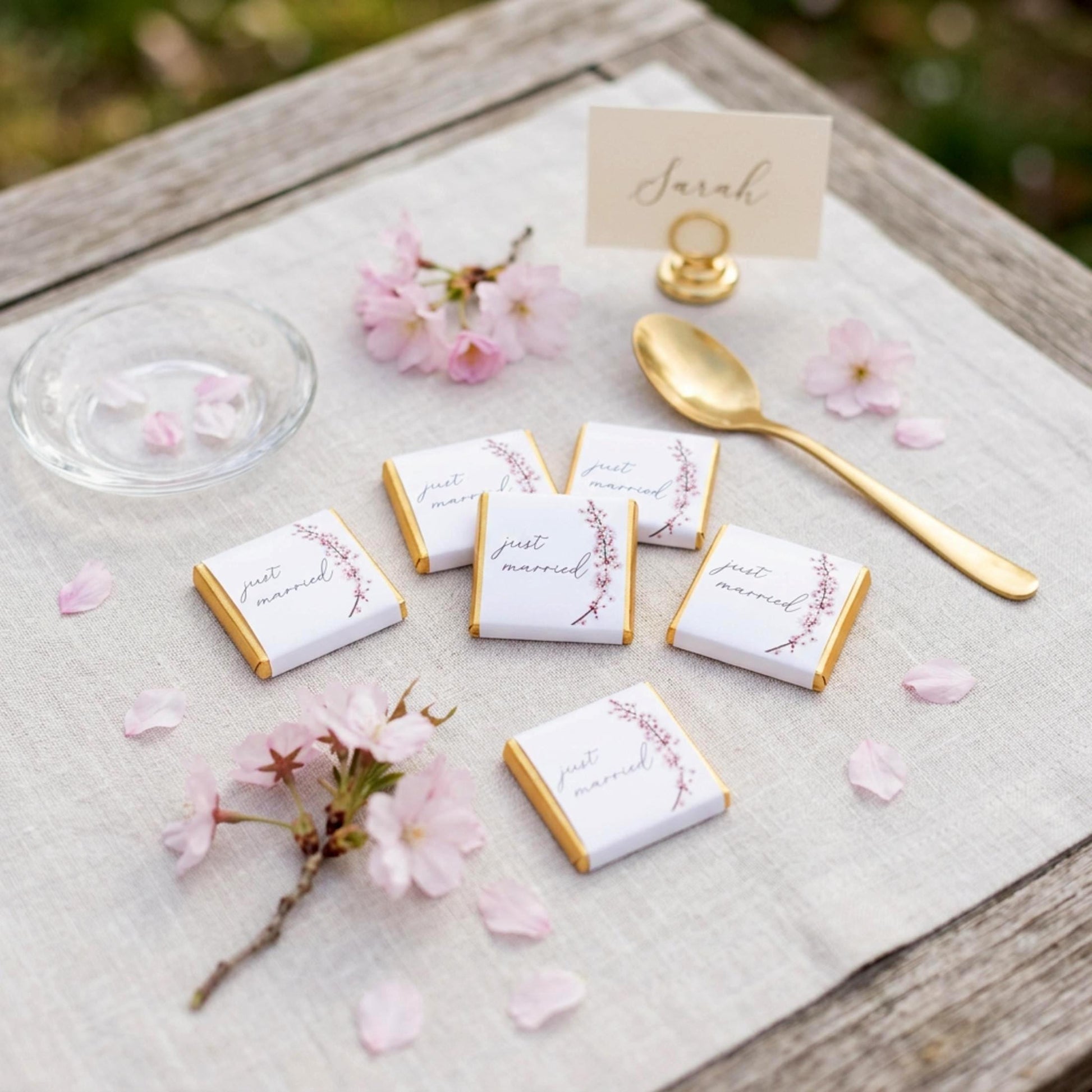 Personalised Cherry Blossom Wedding Favours - Just Married Chocolate Treats - Spring Wedding Table Decor