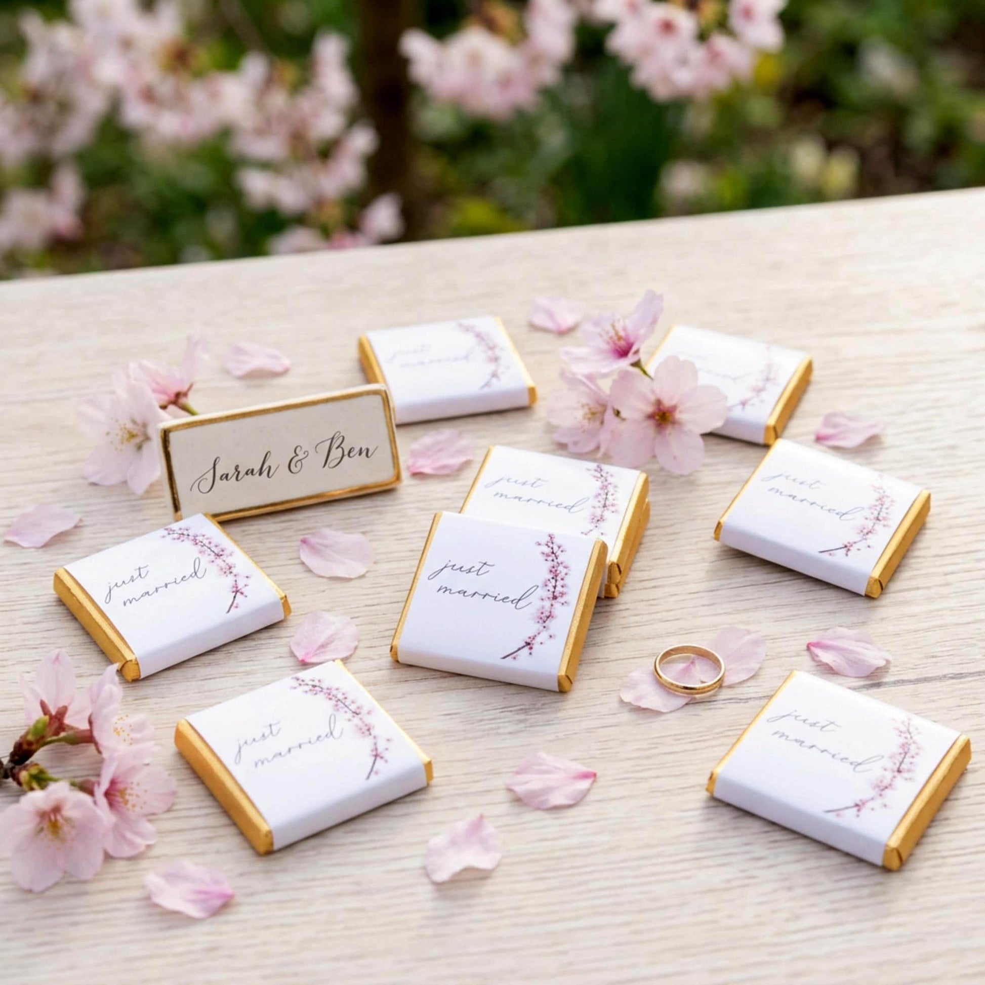 Personalised Cherry Blossom Wedding Favours - Just Married Chocolate Treats - Spring Wedding Table Decor