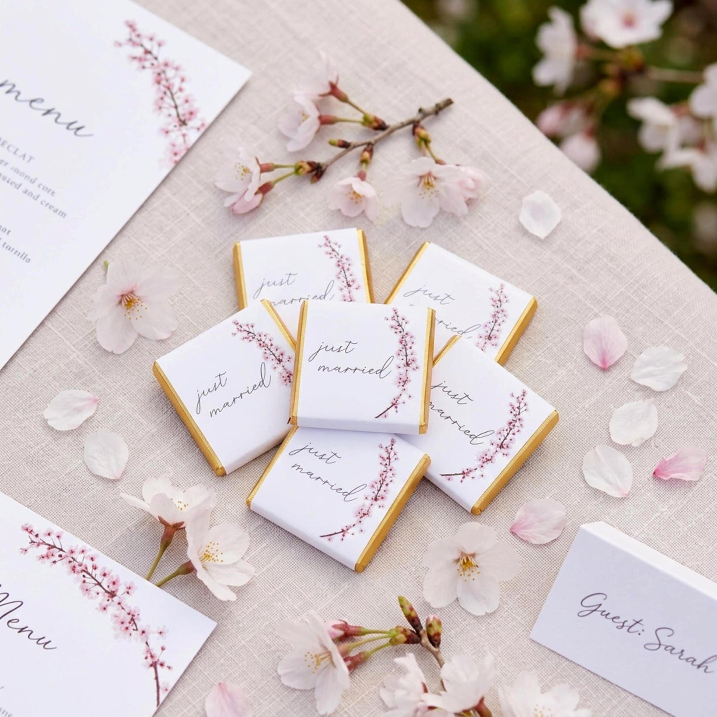 Personalised Cherry Blossom Wedding Favours - Just Married Chocolate Treats - Spring Wedding Table Decor