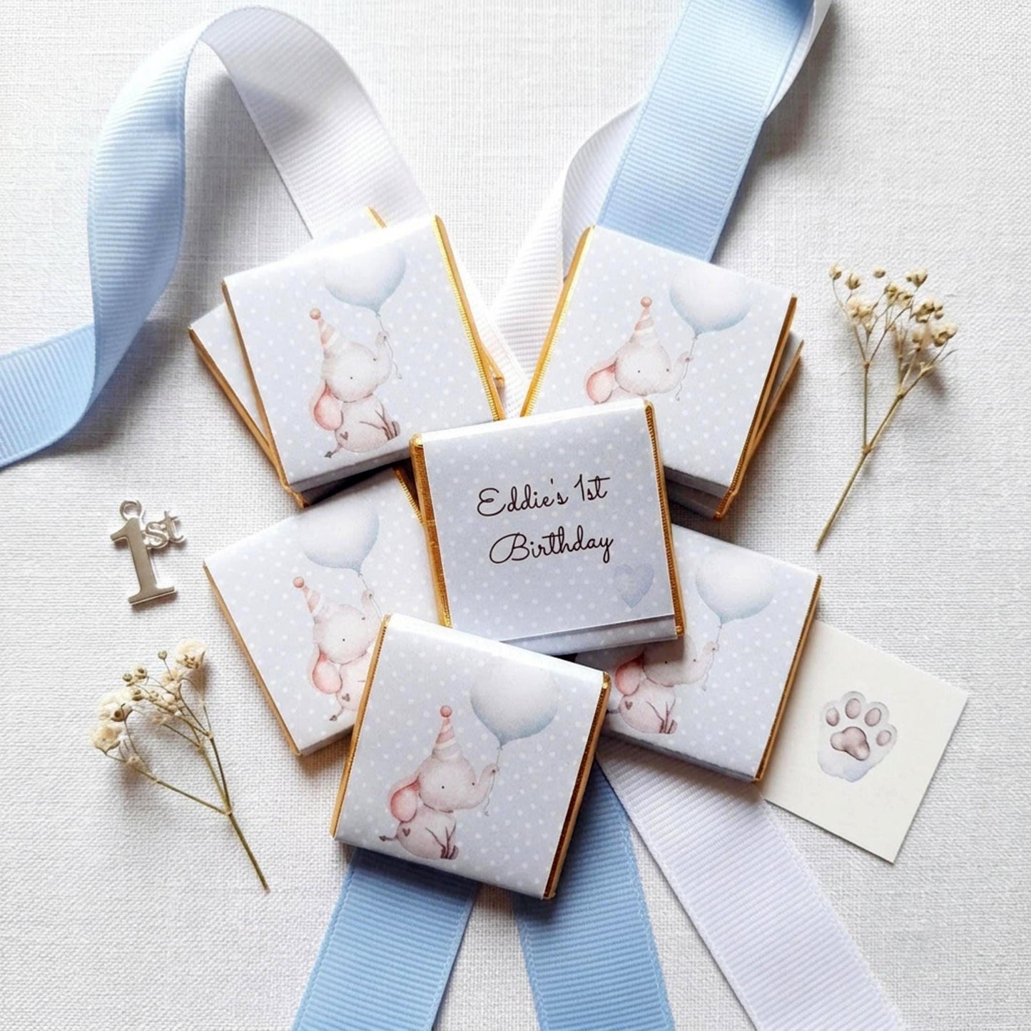 Personalised Elephant 1st Birthday Favours – Elephant Baby Boy Party Treats
