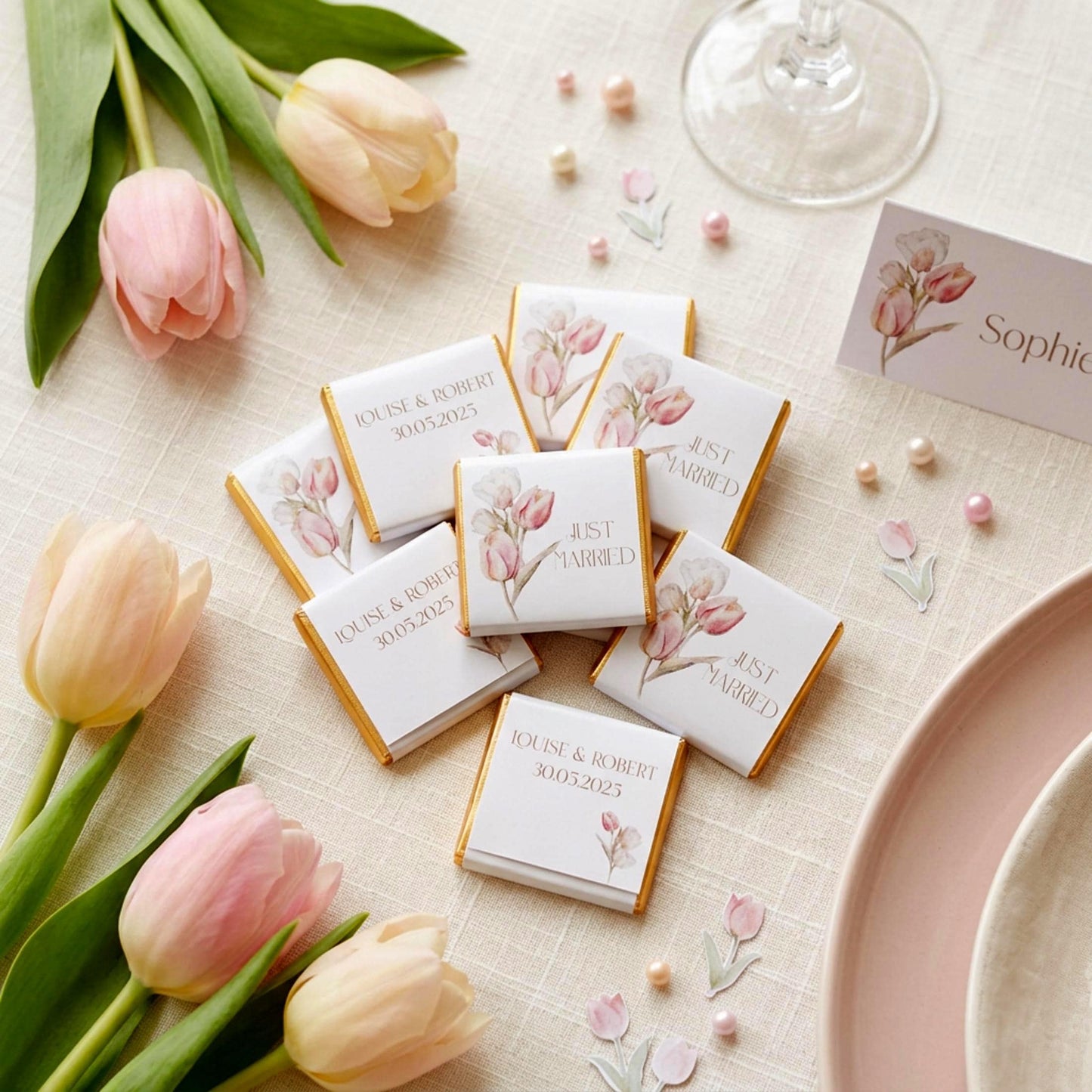 Personalised Just Married Wedding Favours Tulips design