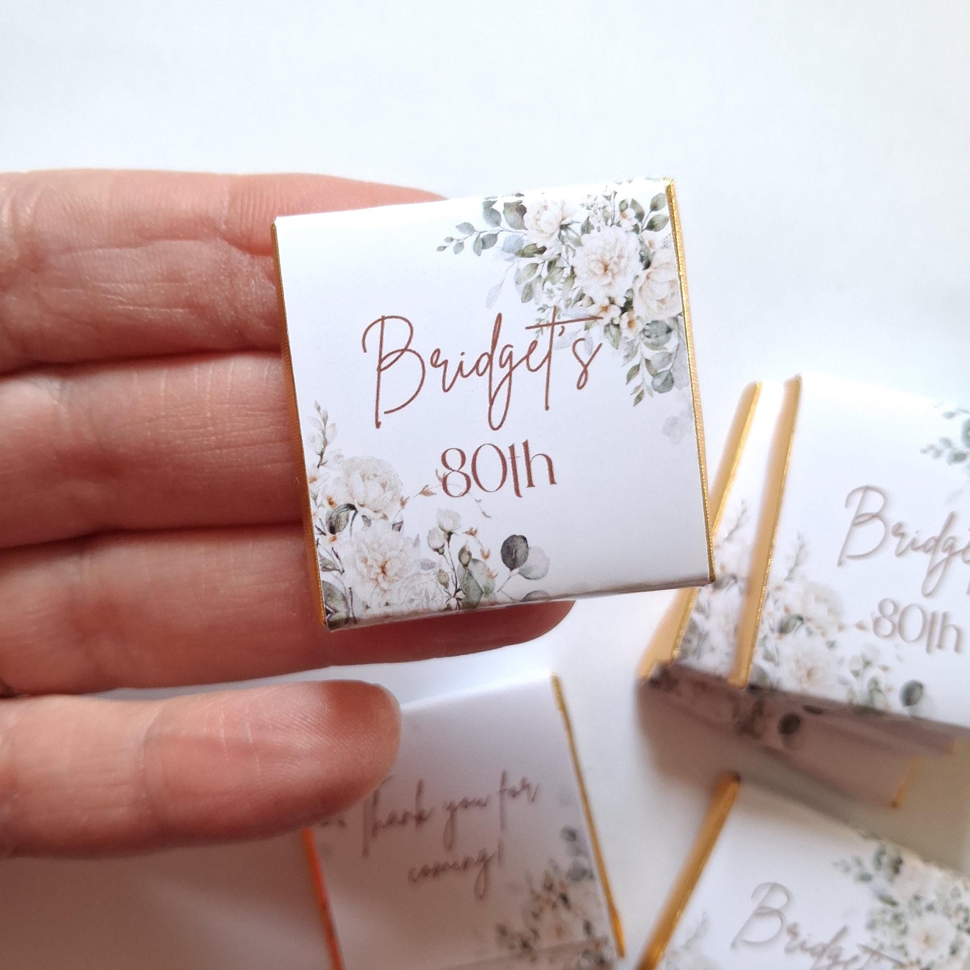 Personalised 80th Birthday Chocolates, White Floral Party Favours