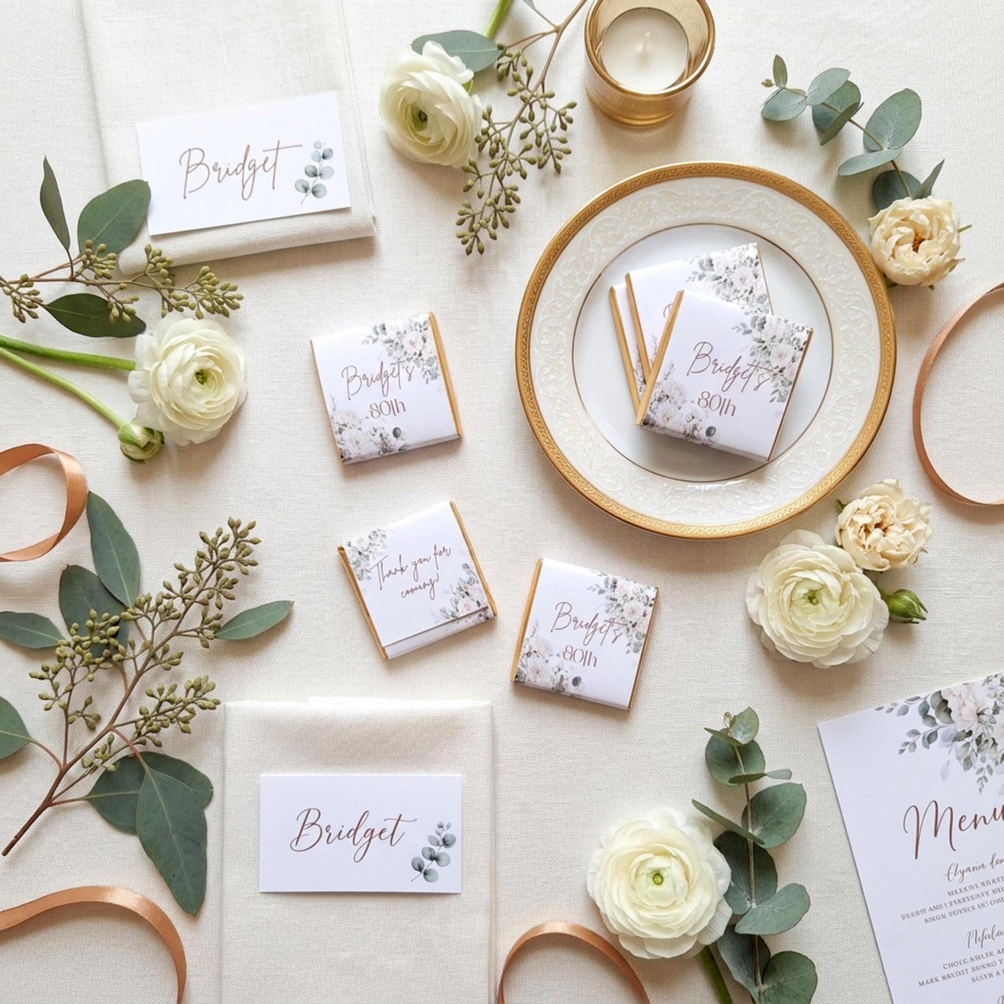 Personalised 80th Birthday Chocolates, White Floral Party Favours
