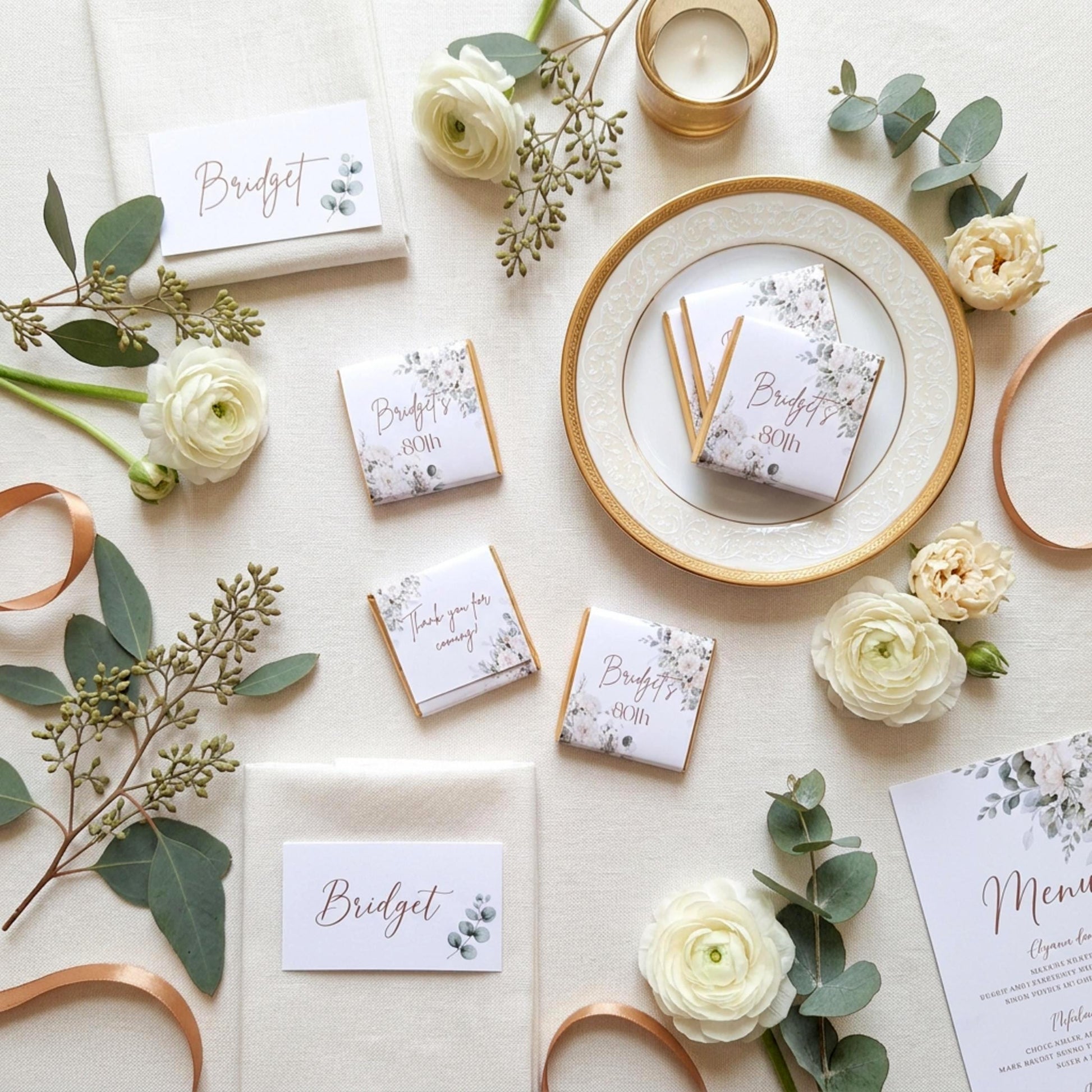 Personalised 80th Birthday Chocolates, White Floral Party Favours