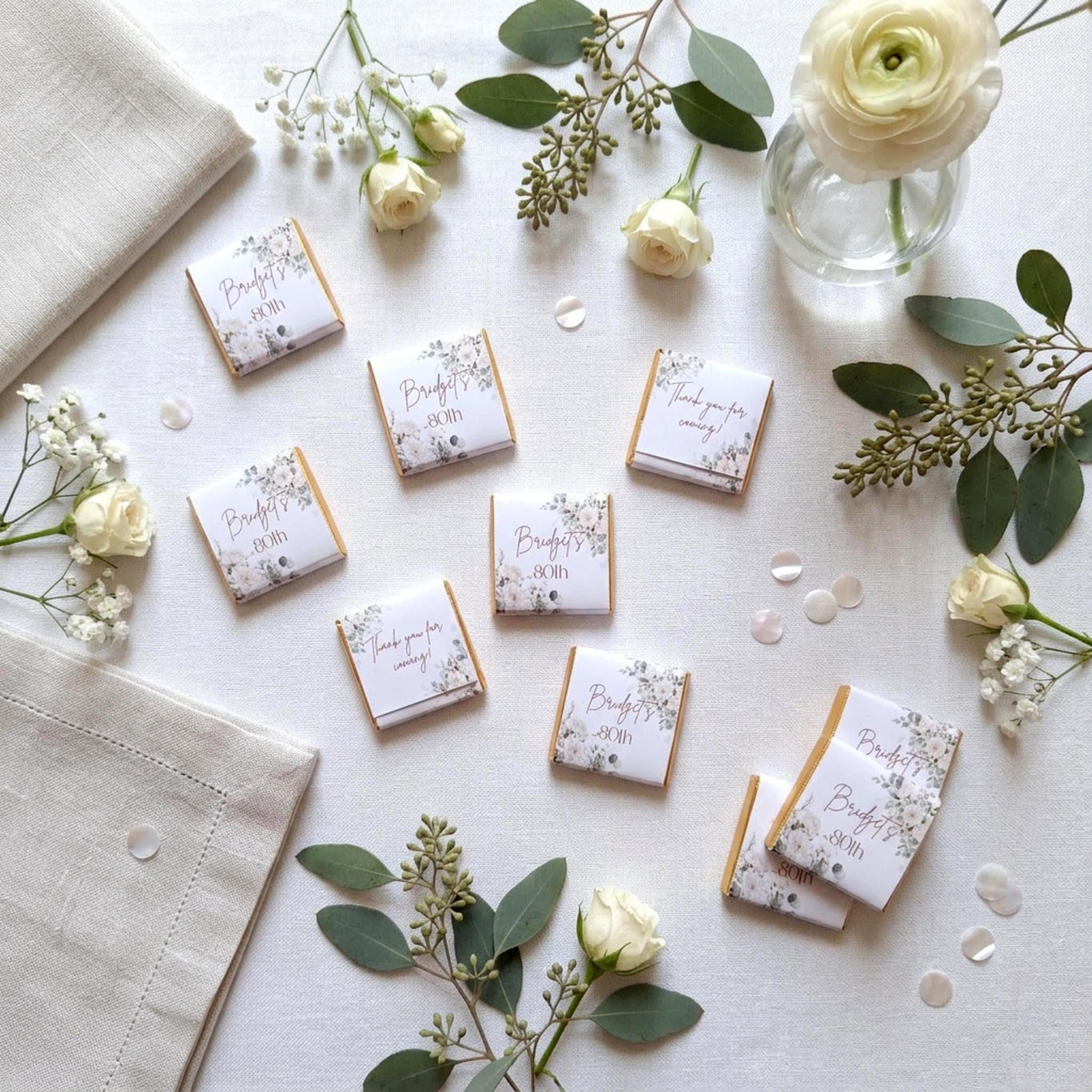 Personalised 80th Birthday Chocolates, White Floral Party Favours