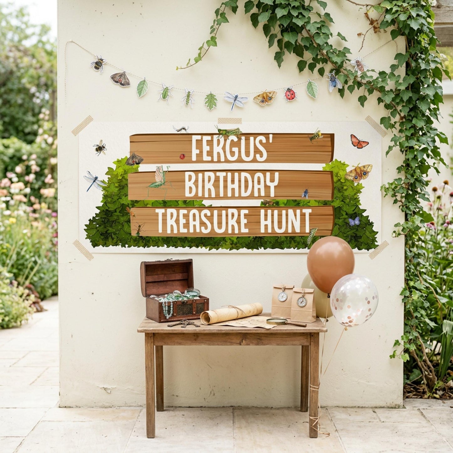 Personalised Garden Treasure Hunt Birthday Banner, Custom Nature Explorer Party Backdrop