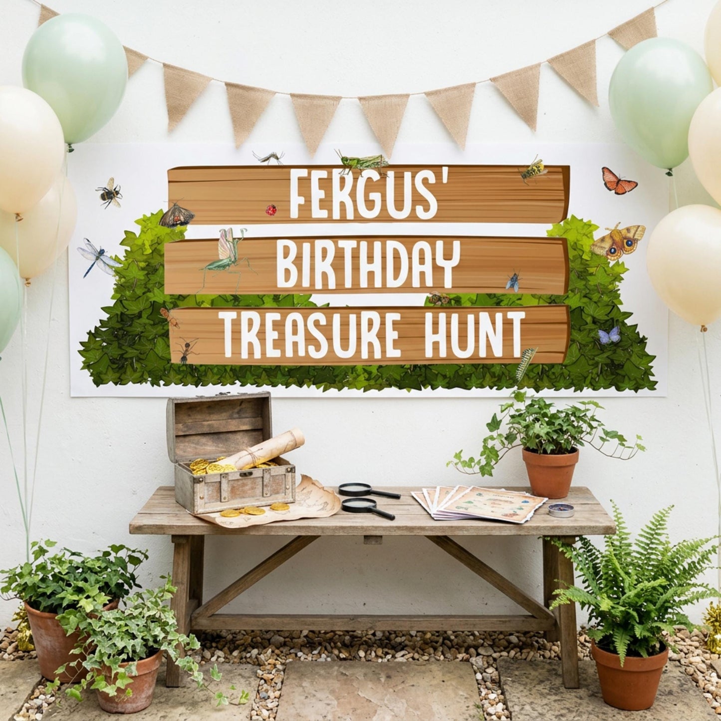 Personalised Garden Treasure Hunt Birthday Banner, Custom Nature Explorer Party Backdrop