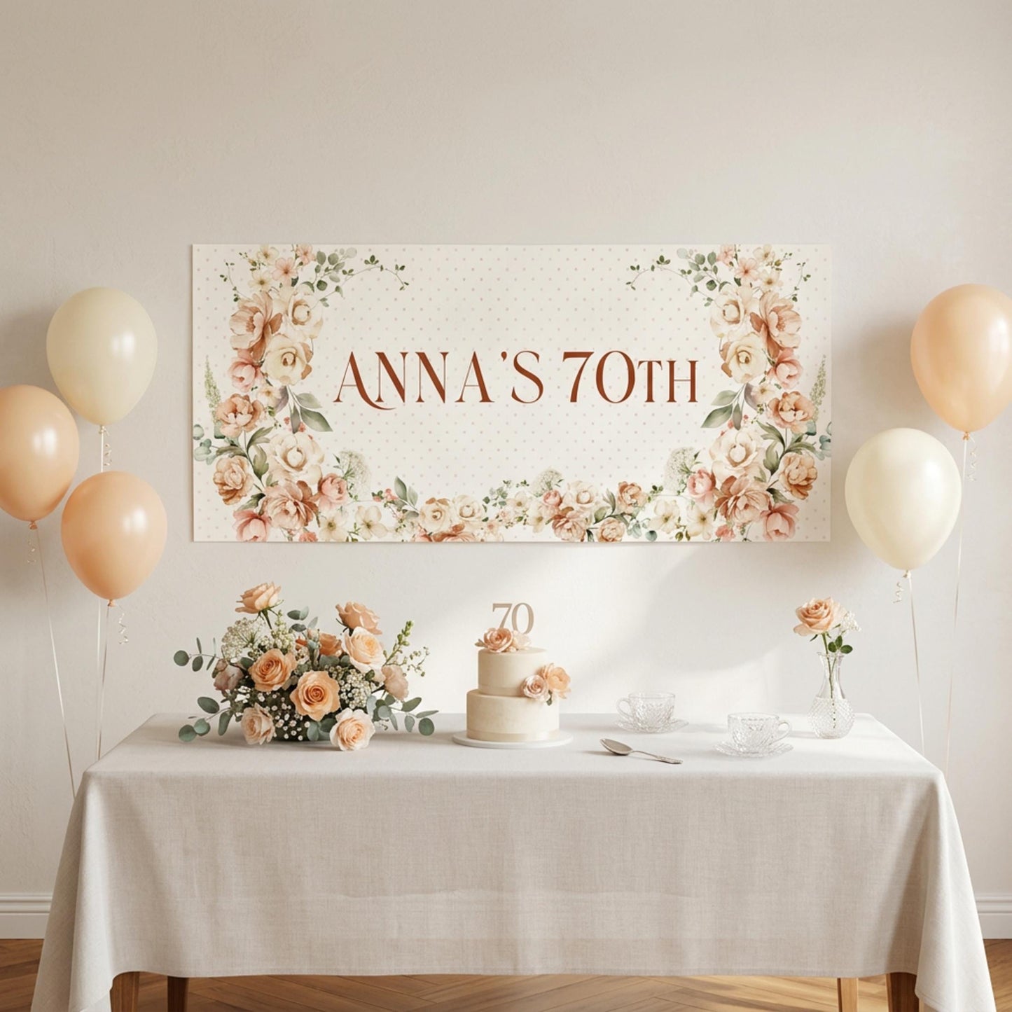 Personalised 70th Birthday Banner, Soft Floral Party Backdrop for Any Age