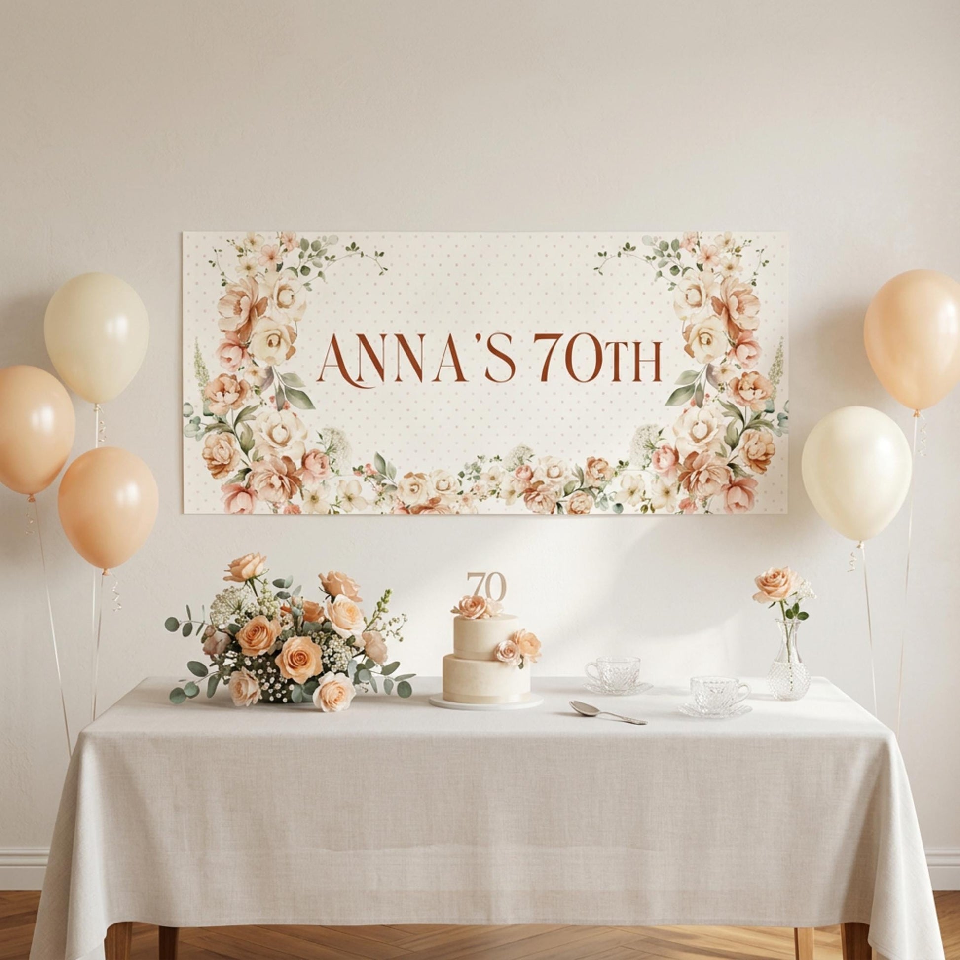 Personalised 70th Birthday Banner, Soft Floral Party Backdrop for Any Age