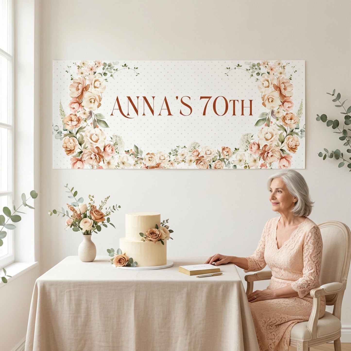 Personalised 70th Birthday Banner, Soft Floral Party Backdrop for Any Age