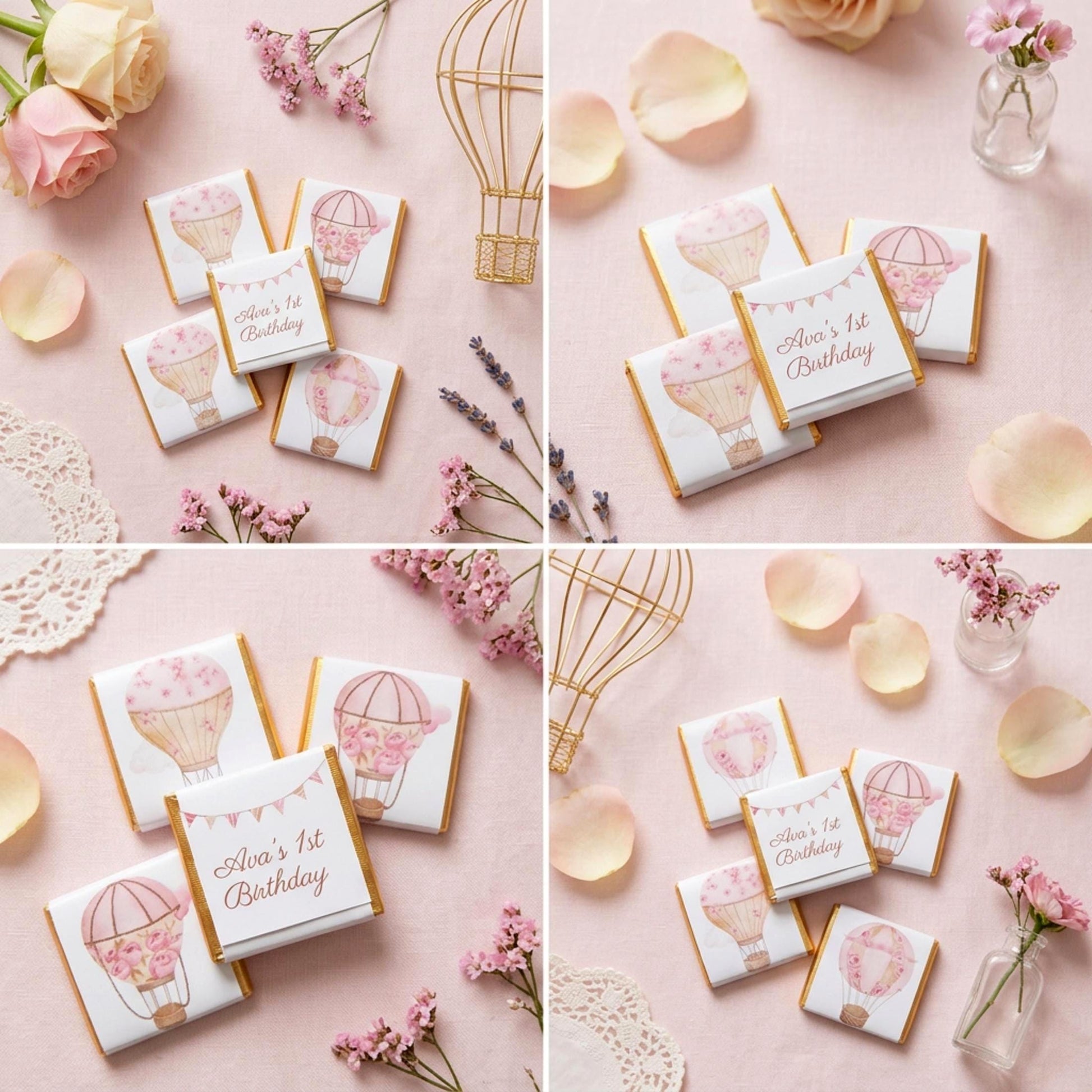 Personalised Pink Hot Air Balloon Chocolate Favours – Baby Shower, Birthday Guest Gifts