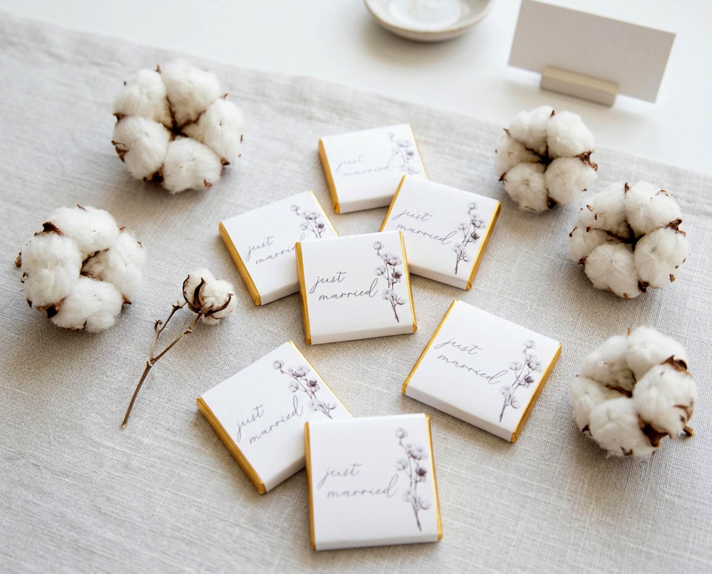Personalised Cotton Blossom Wedding Favours - Just Married Chocolate Treats - Custom Boho Floral Guest Gifts