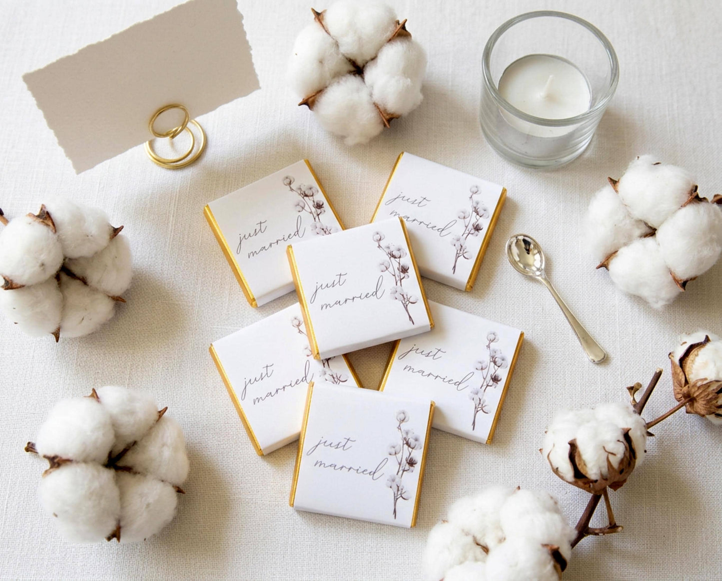 Personalised Cotton Blossom Wedding Favours - Just Married Chocolate Treats - Custom Boho Floral Guest Gifts
