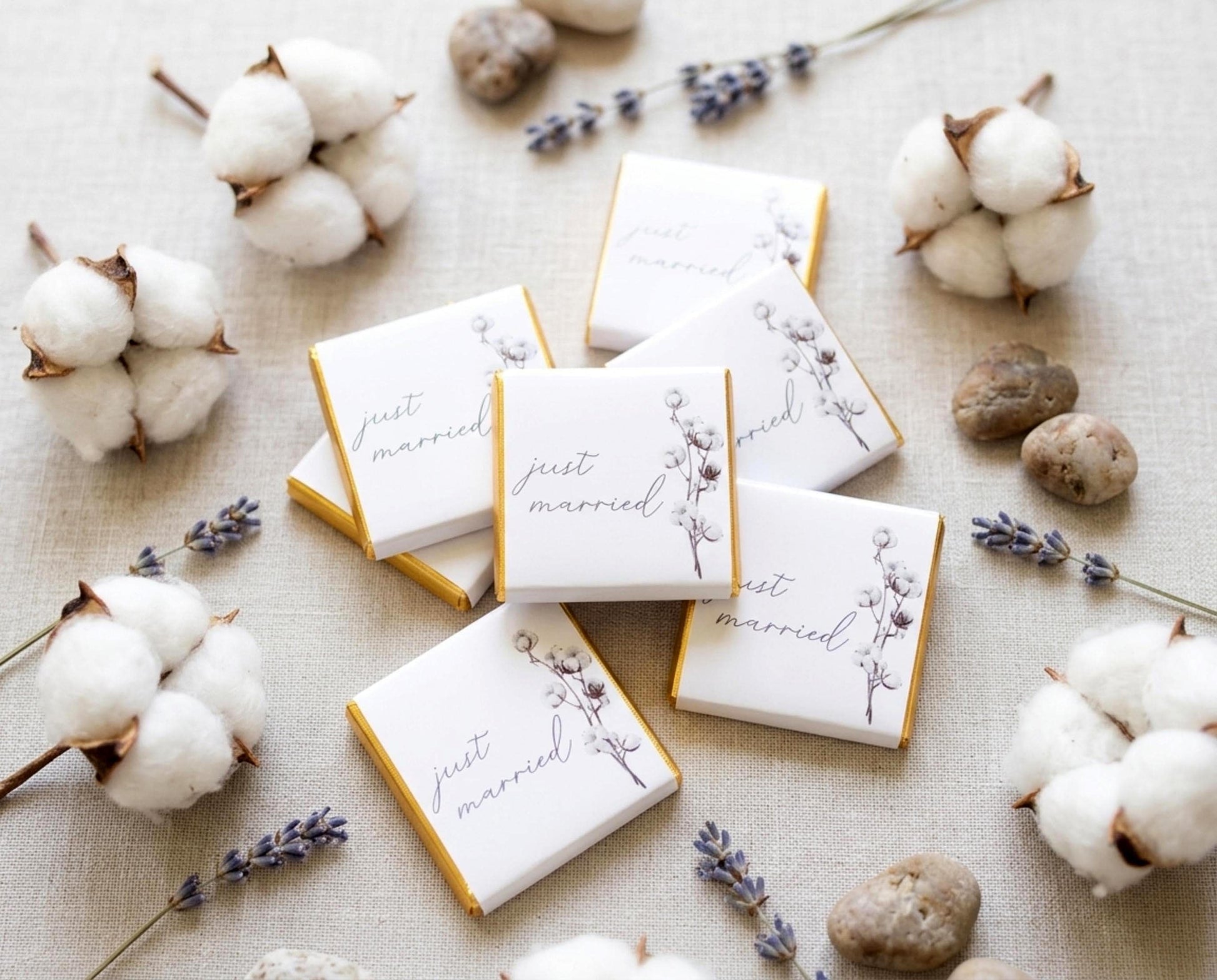 Personalised Cotton Blossom Wedding Favours - Just Married Chocolate Treats - Custom Boho Floral Guest Gifts