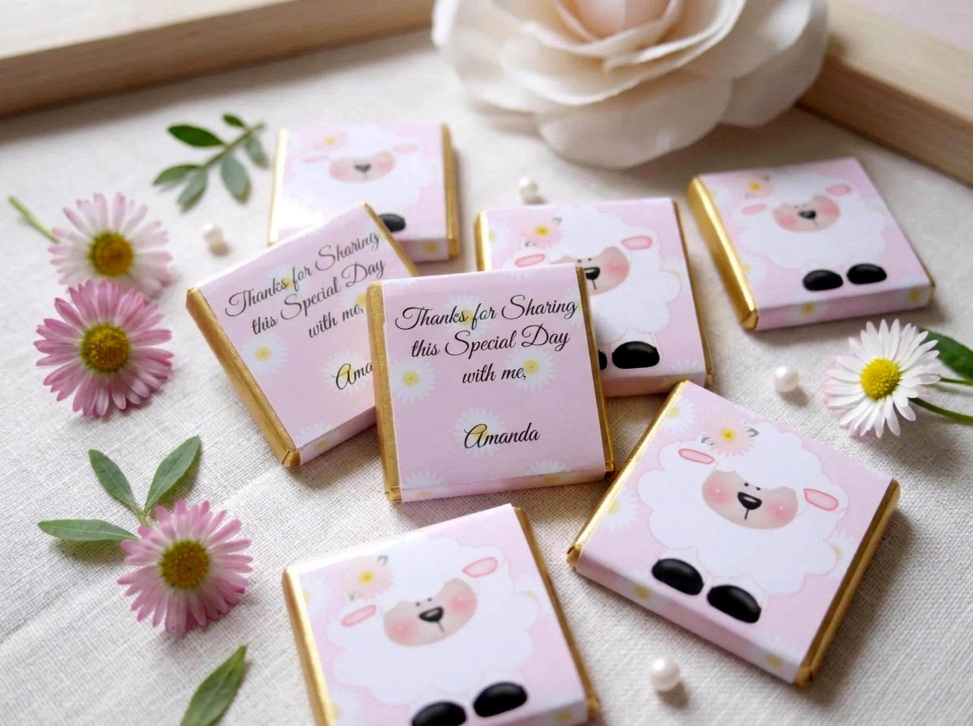 Personalised Girls Christening Chocolate Favours – Baby Sheep Party Guest Gifts