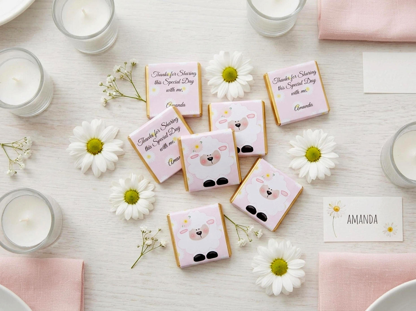 Personalised Girls Christening Chocolate Favours – Baby Sheep Party Guest Gifts