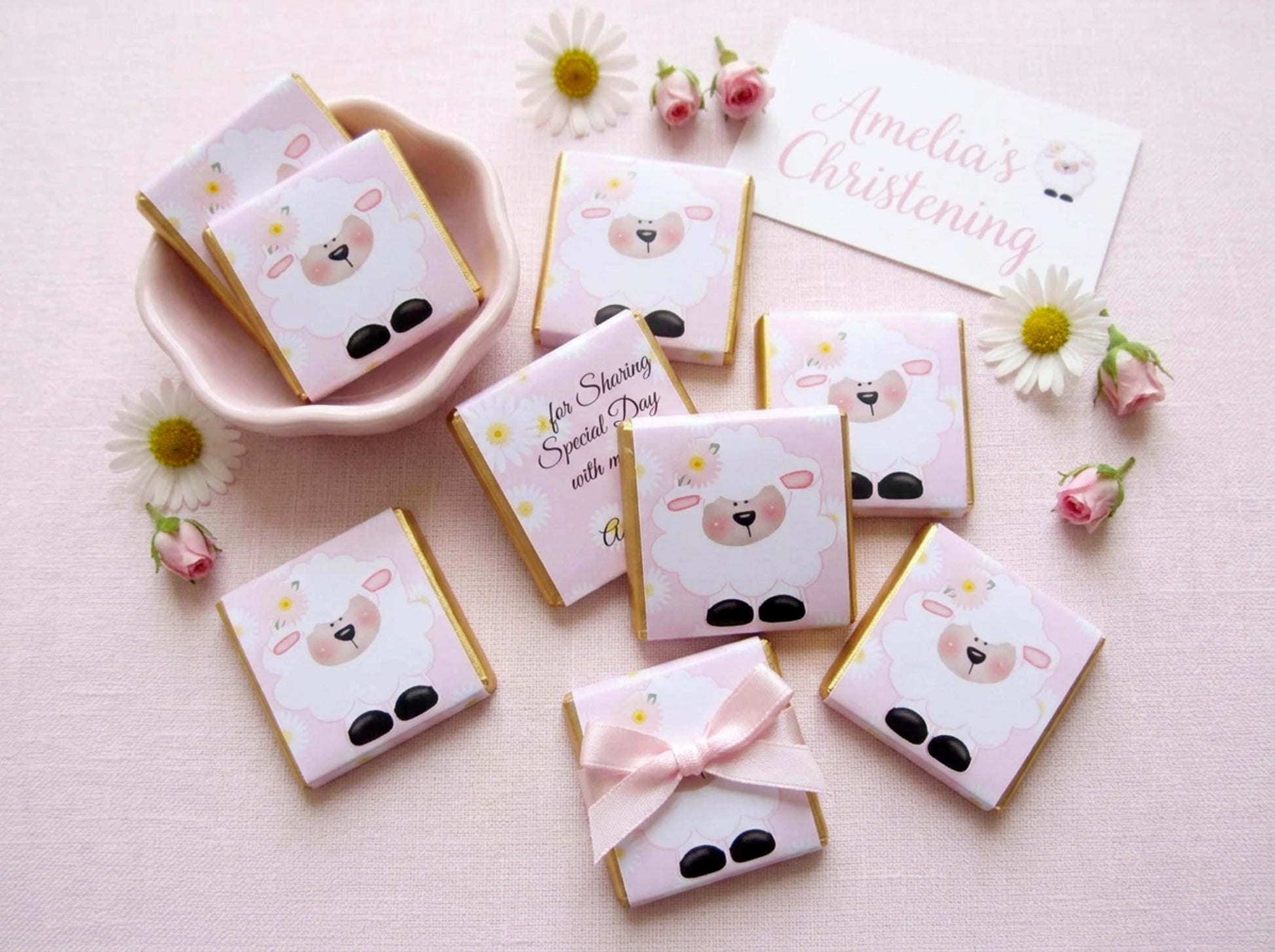 Personalised Girls Christening Chocolate Favours – Baby Sheep Party Guest Gifts
