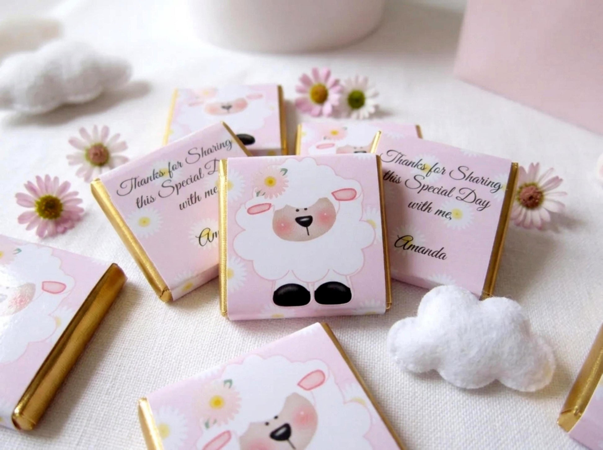 Personalised Girls Christening Chocolate Favours – Baby Sheep Party Guest Gifts