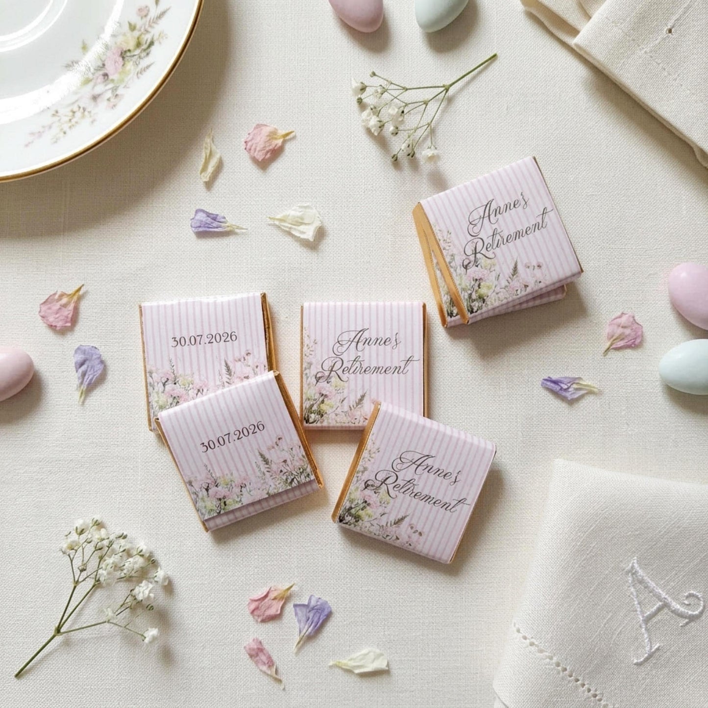 Personalised Retirement Party Favours - Pink Floral Chocolate Treats