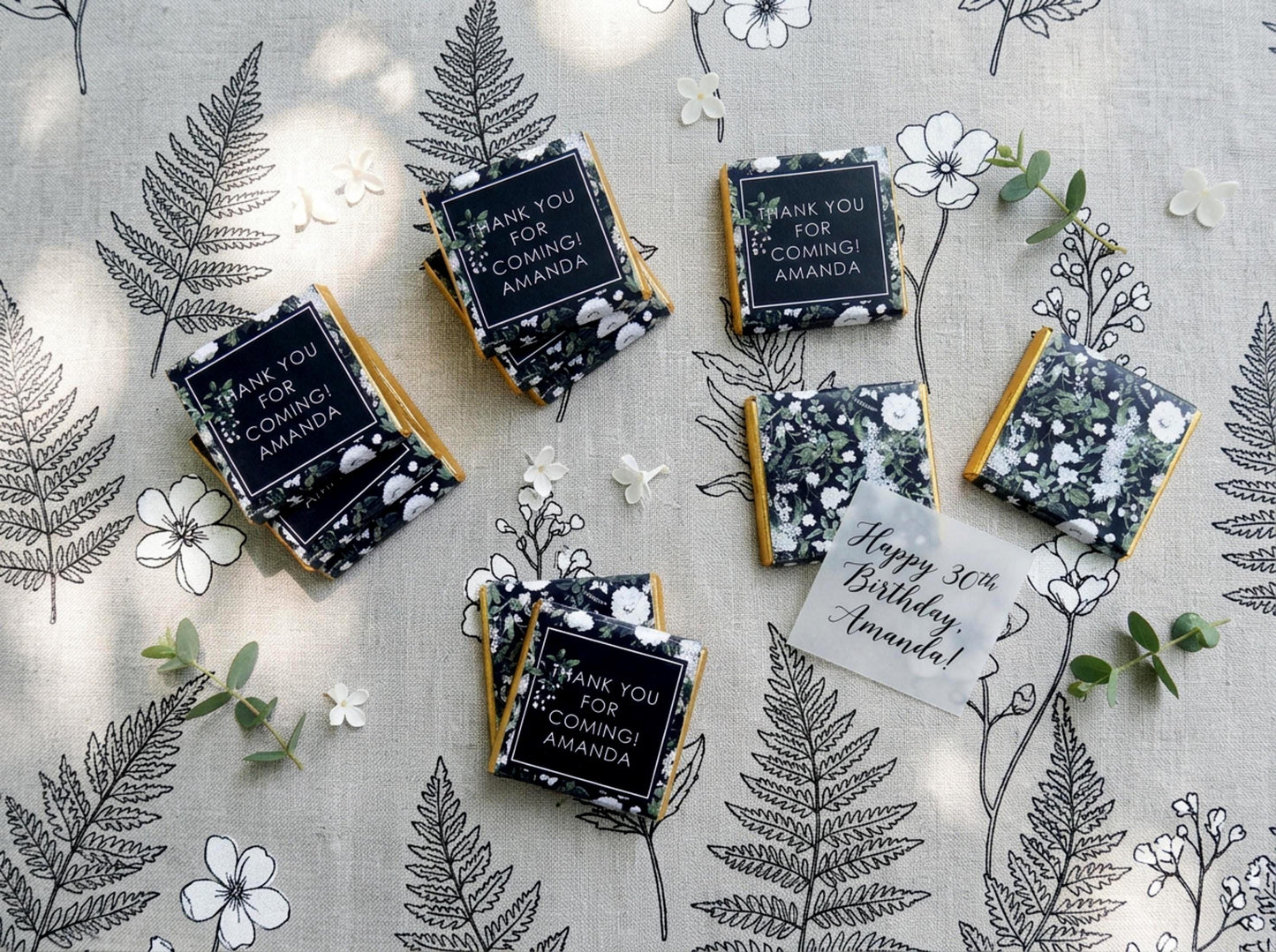 Personalised Black and White Birthday Favours – Botanical Party Treats