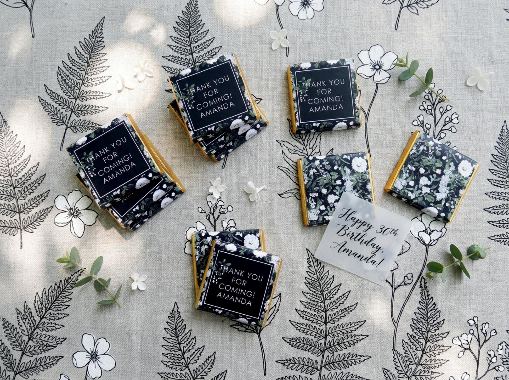Personalised Black and White Birthday Favours – Botanical Party Treats