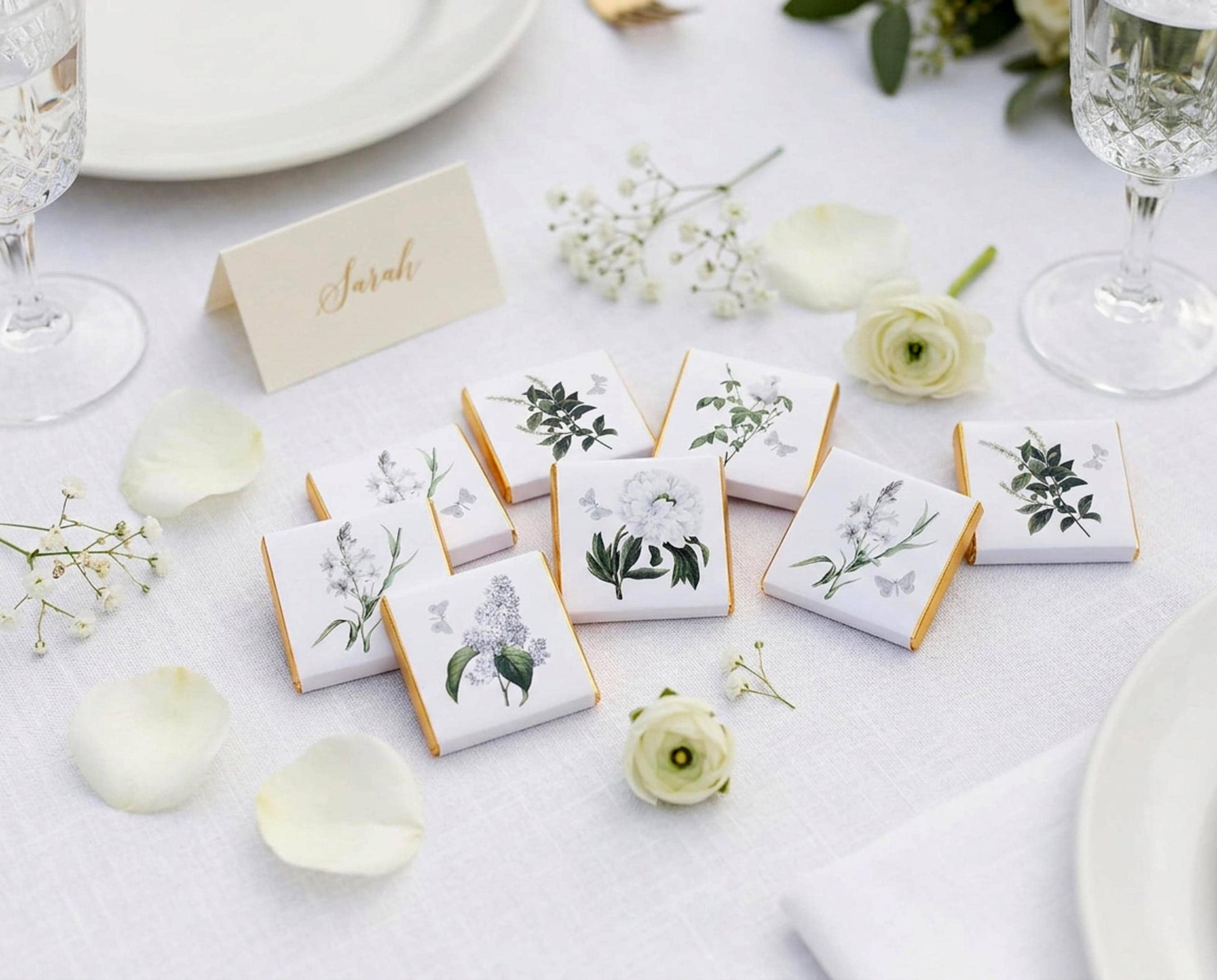 Personalised White Floral Wedding Chocolates – Botanical Party Favours, Guest Gifts
