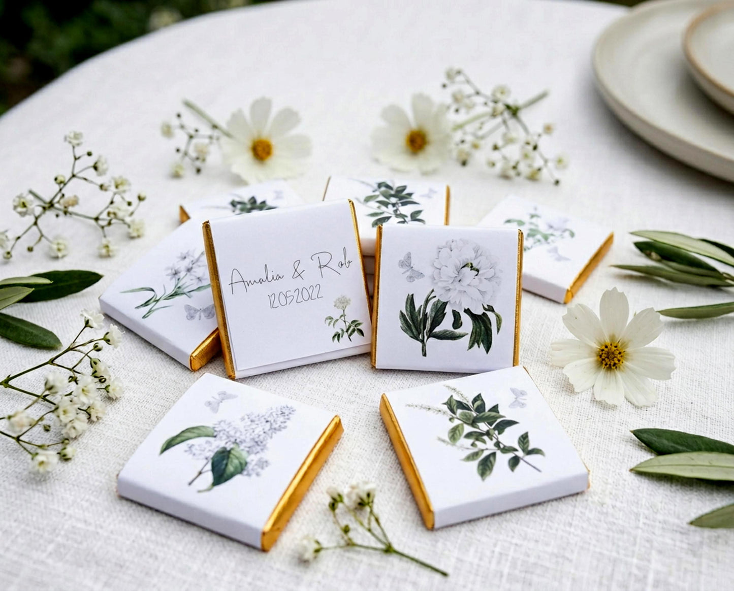 Personalised White Floral Wedding Chocolates – Botanical Party Favours, Guest Gifts