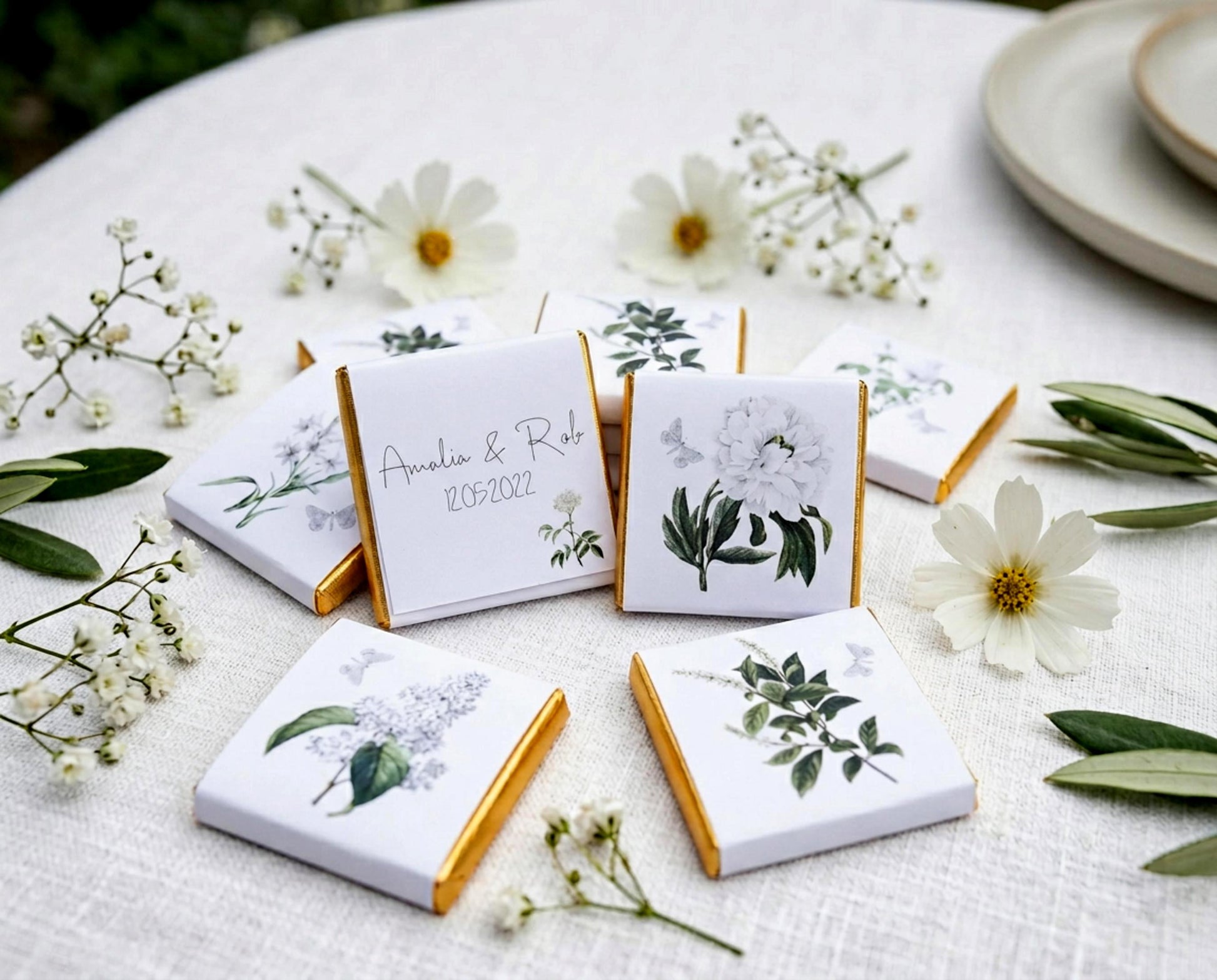 Personalised White Floral Wedding Chocolates – Botanical Party Favours, Guest Gifts