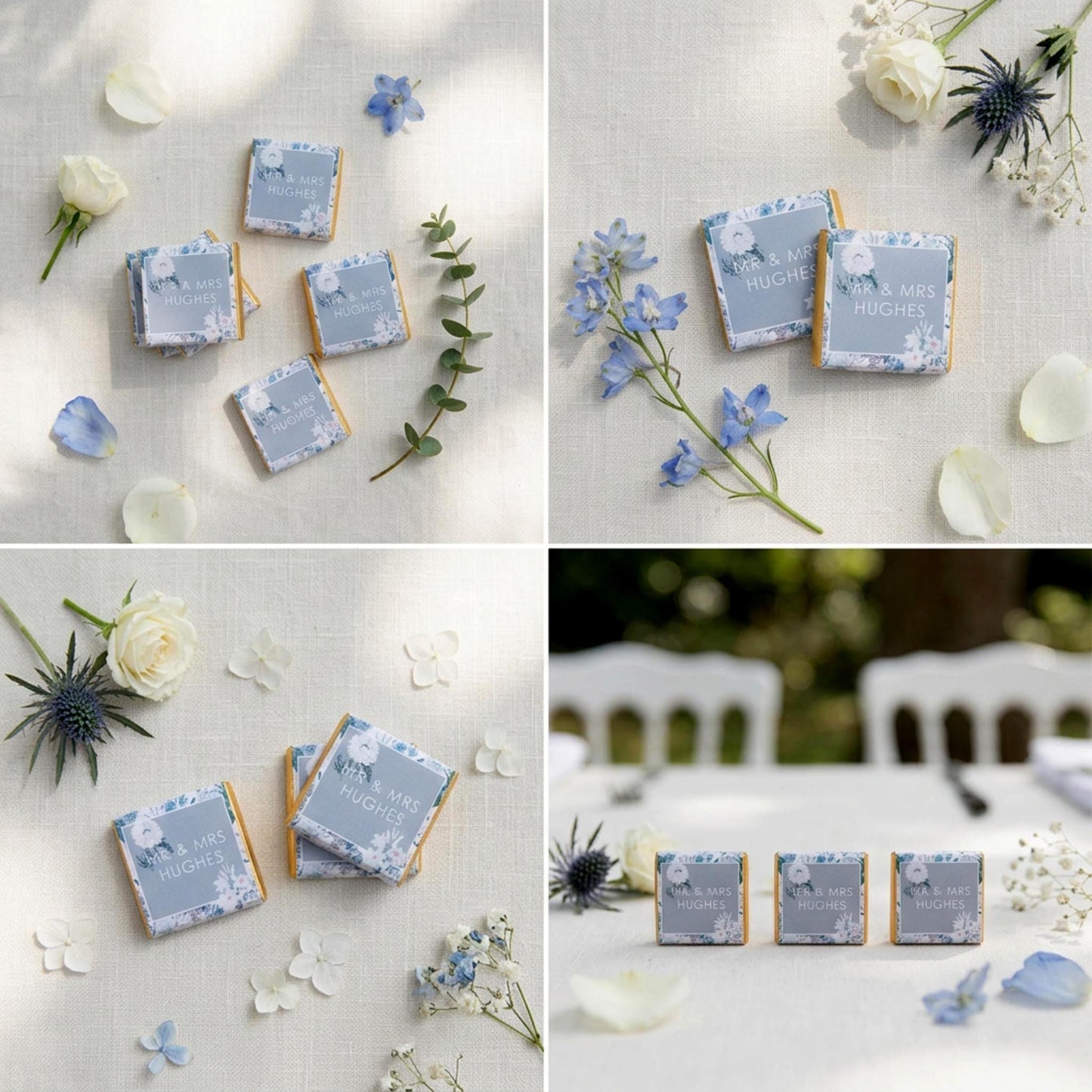 Personalised Blue Floral Wedding Chocolates – Custom Guest Favours