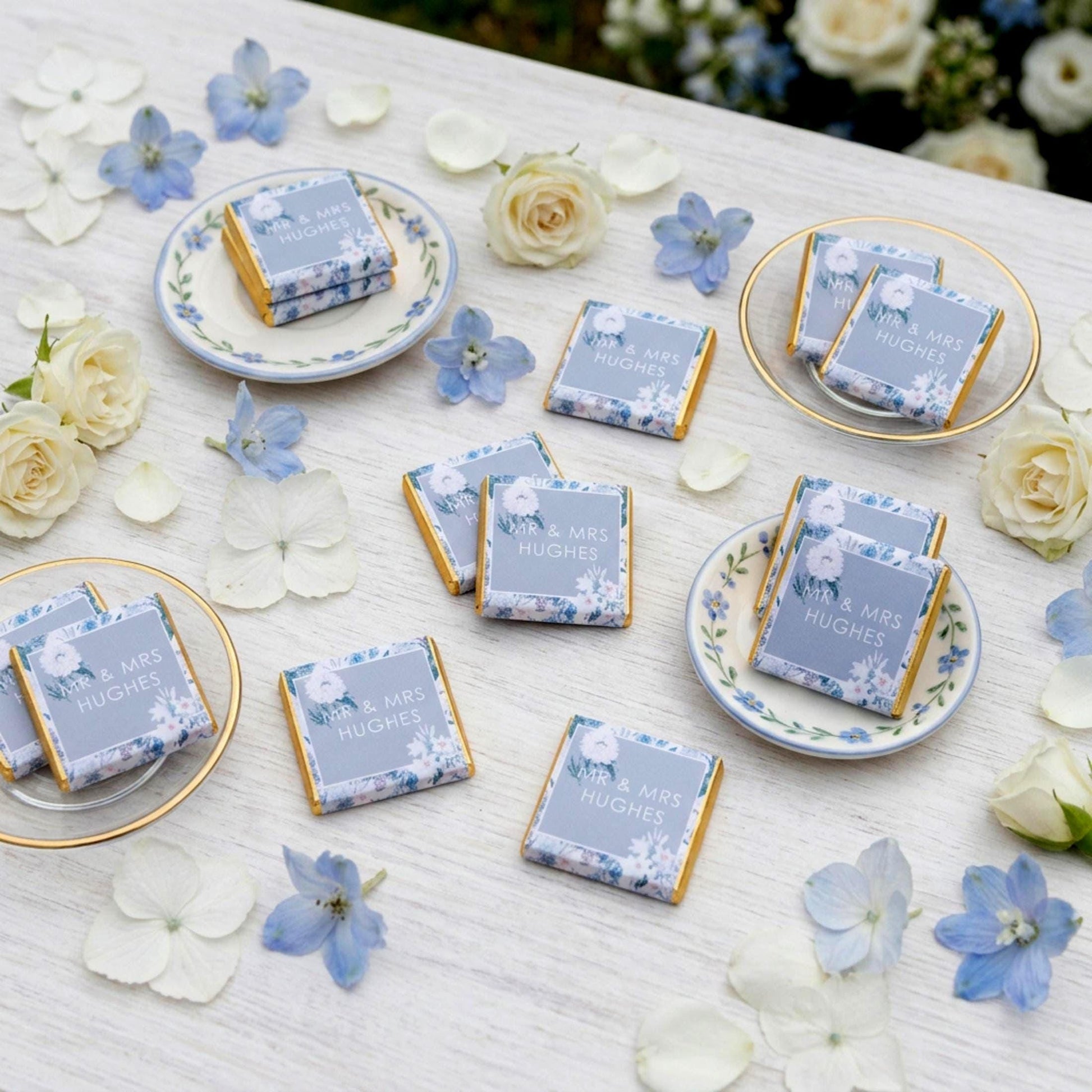 Personalised Blue Floral Wedding Chocolates – Custom Guest Favours