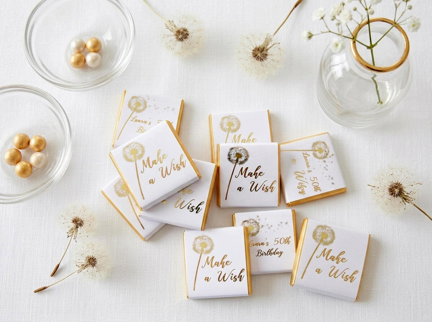 Personalised Make A Wish Birthday Favours – Gold Foil Dandelion Theme Treats