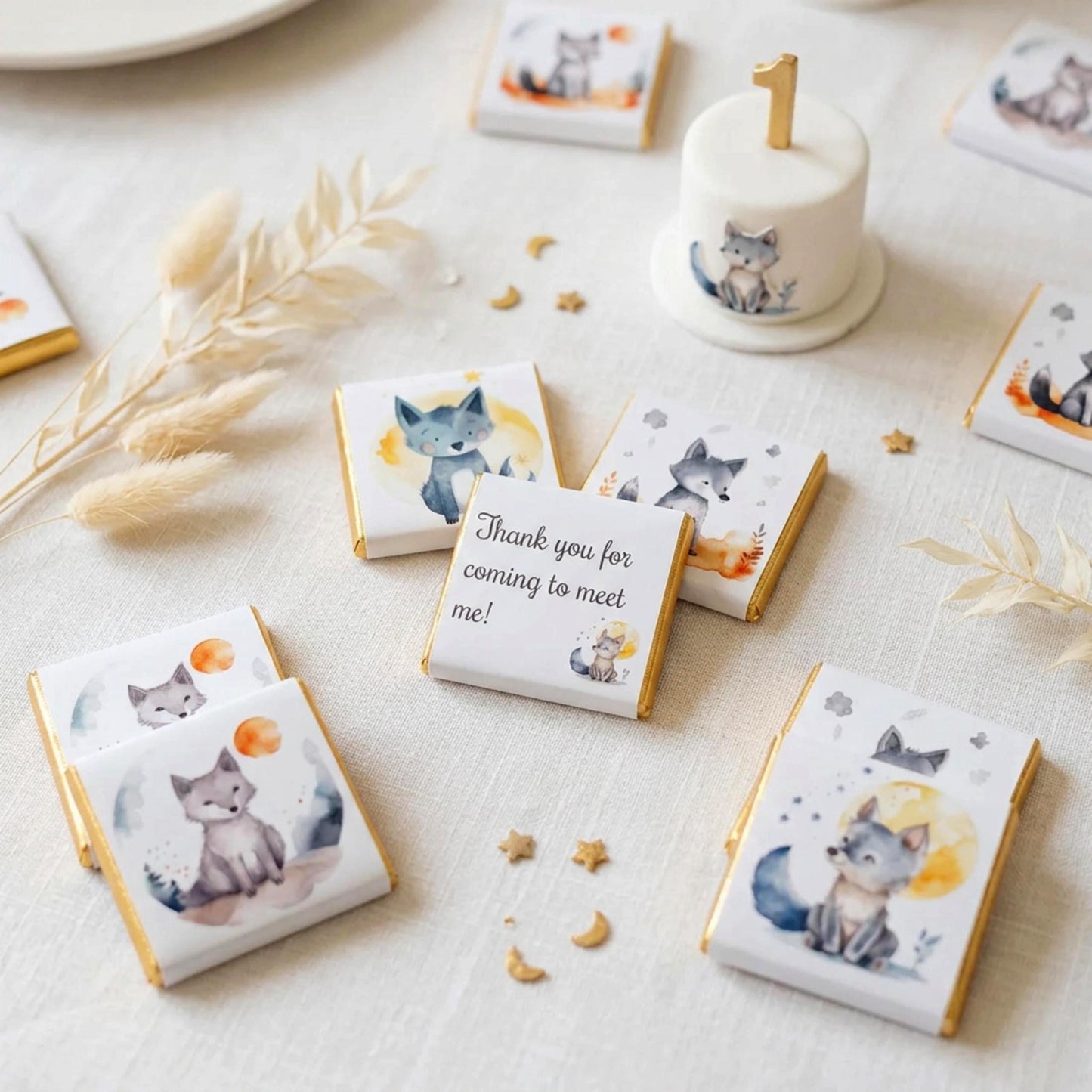 Personalised Welcome Baby Wolf Favours, Boy 1st Birthday Treats
