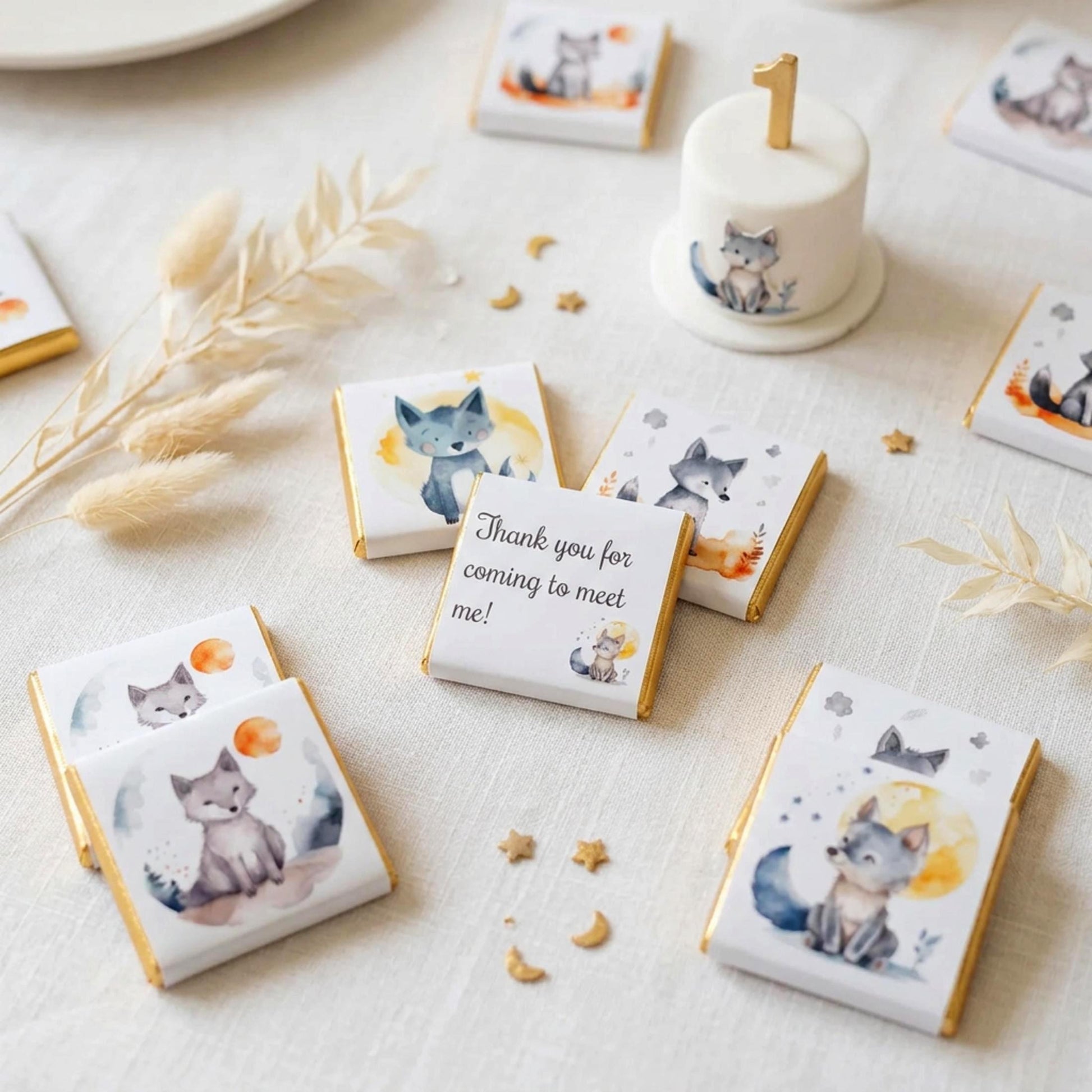Personalised Welcome Baby Wolf Favours, Boy 1st Birthday Treats