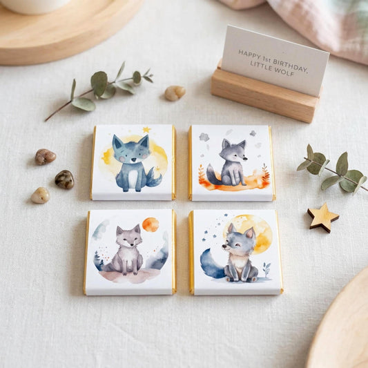 Personalised Welcome Baby Wolf Favours, Boy 1st Birthday Treats