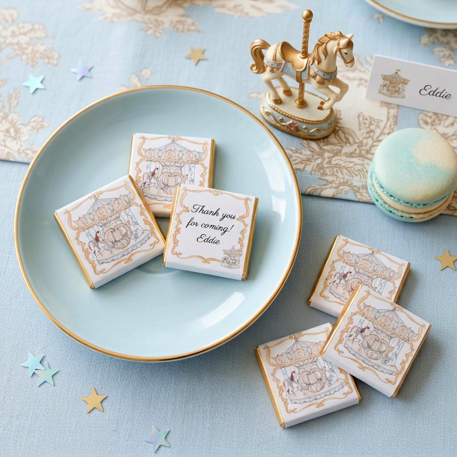 Personalised Blue French Carousel Chocolate Favours – Boys Birthday Party Bag Fillers